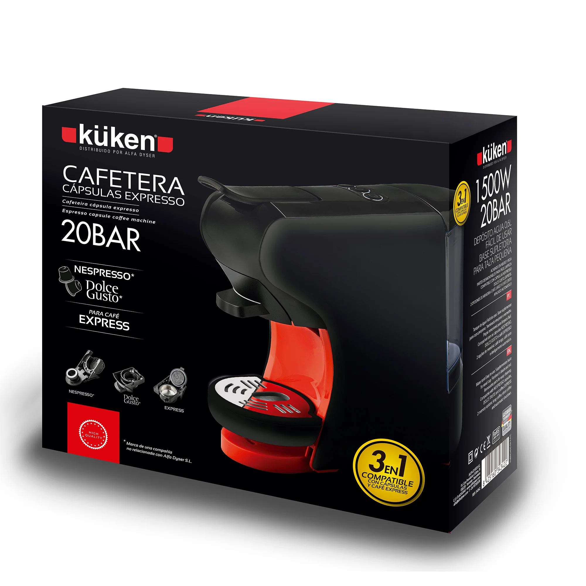 Machine à café à capsules Küken 3-en-1 (2025) – Pression de 20 bars, compatible avec Nespresso, Dolce Gusto et café moulu