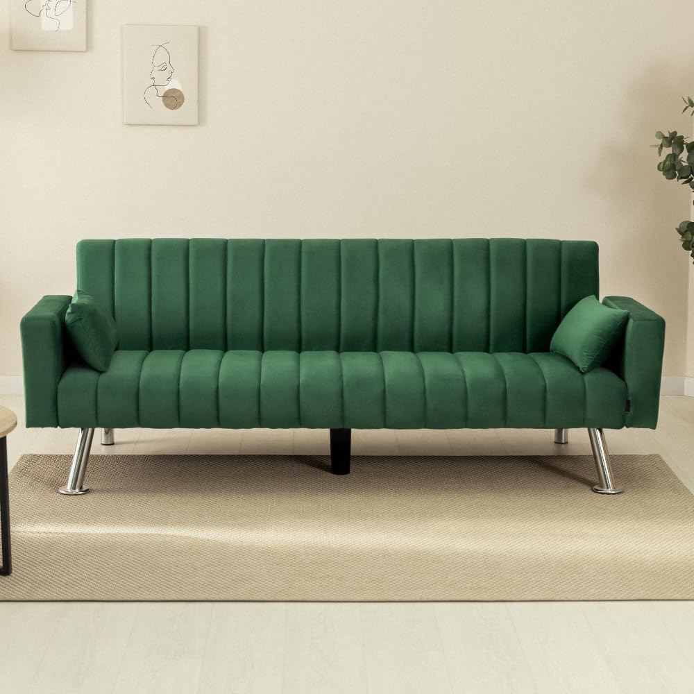 Nalui – Gepolstertes 3-Sitzer-Schlafsofa 210 x 80 x 79 cm, einlagig, 2 Kissen, Klick-Klack-Öffnungsmechanismus mit verstellbarer Rückenlehne. Samt-Chaiselongue-Schlafsofa, umwandelbar in ein Doppelbett | Beige