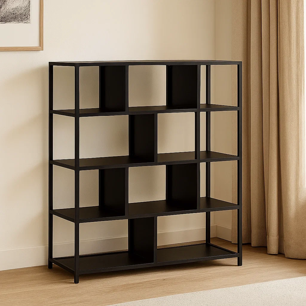 Bibliothèque métallique, 4 étagères, structure en fer, noire, pour bureau ou salon, fixation murale, 120 x 30 x 150 cm - zSOVwDnlgubK