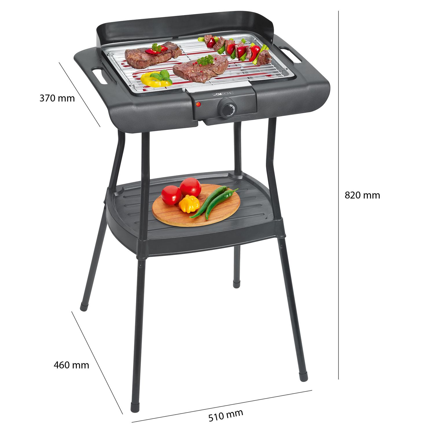 Elektrischer Grill mit Füßen, verchromtem Grillrost, Temperaturregelung, für drinnen und draußen, Schwarz/Silber, 2000 W, Clatronic Bqs 3508