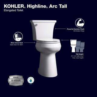 KOHLER Ekstra højt Highline Arc todelt toilet med enkelt skyl, 1,28 GPF. Aflangt. Hvidt (sæde inkluderet)