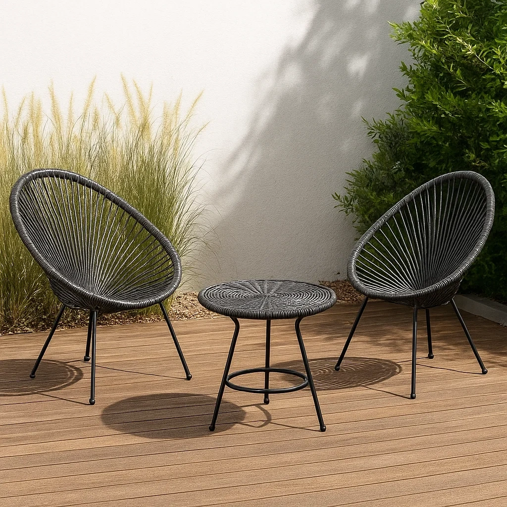 Ensemble de salon de jardin 2 places en corde synthétique noire, structure ronde, chaises 72 x 78 x 85 cm, table de 50 x 45 cm de diamètre, pour terrasse ou balcon - ry9s7SJRML68