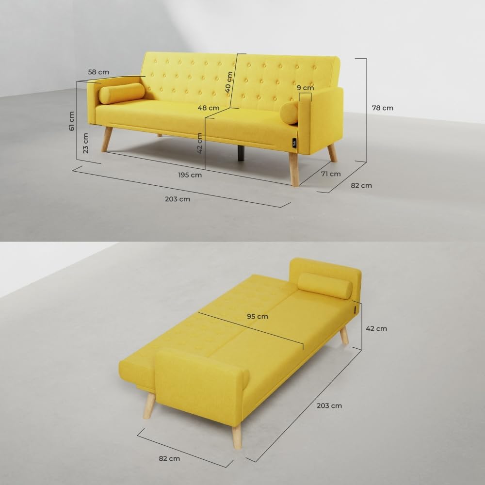 Nalui – 3-Sitzer-Schlafsofa, gepolstert, 203 x 82 x 78 cm, One Dots, mit 2 Kissen und Klick-Klack-Öffnungsmechanismus mit mehreren Liegepositionen. Chaiselongue-Schlafsofa mit Holzbeinen, umwandelbar in ein Doppelbett | Beige