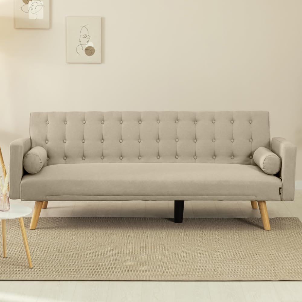 Nalui – 3-Sitzer-Schlafsofa, gepolstert, 203 x 82 x 78 cm, One Dots, mit 2 Kissen und Klick-Klack-Öffnungsmechanismus mit mehreren Liegepositionen. Chaiselongue-Schlafsofa mit Holzbeinen, umwandelbar in ein Doppelbett | Beige