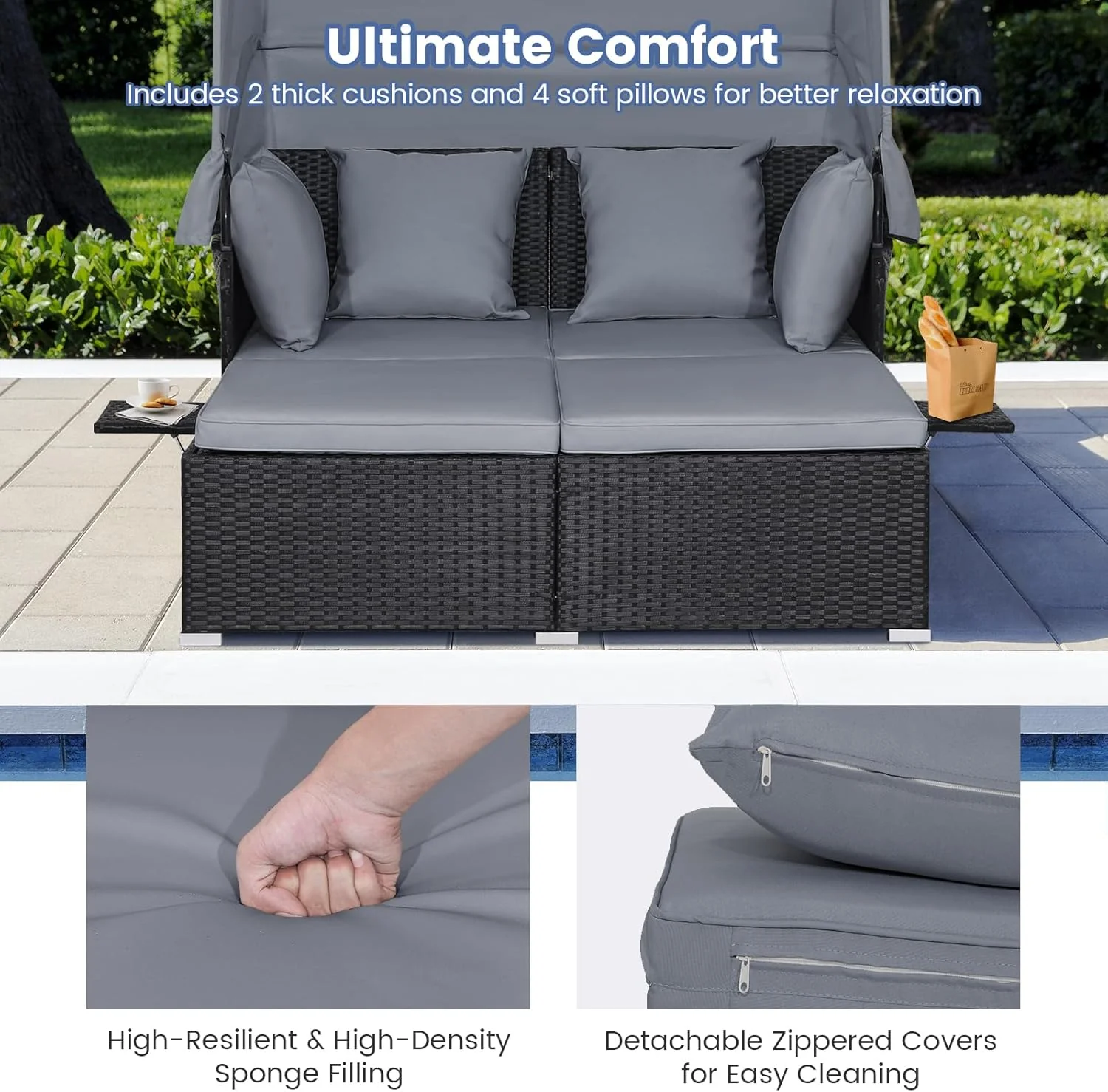 RELAX4LIFE udendørs haveseng med baldakin. Vævet harpiks liggestol med hynder. 4 puder og 2 udtrækkelige sidebakker. Loungeseng til 2 personer til pool, veranda, have. Rattan udendørs seng (turkis)