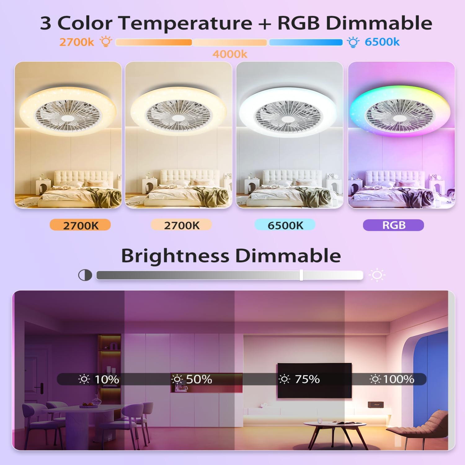 Aigostar - Ventilateur de plafond Alexa, lumière LED 40 W, 4 400 lm, 2 700 K-6 500 K et RGB à intensité variable, lampe de ventilateur de plafond intelligente avec télécommande et passerelle, silencieux, 6 vitesses, diamètre 50 cm, 2 unités