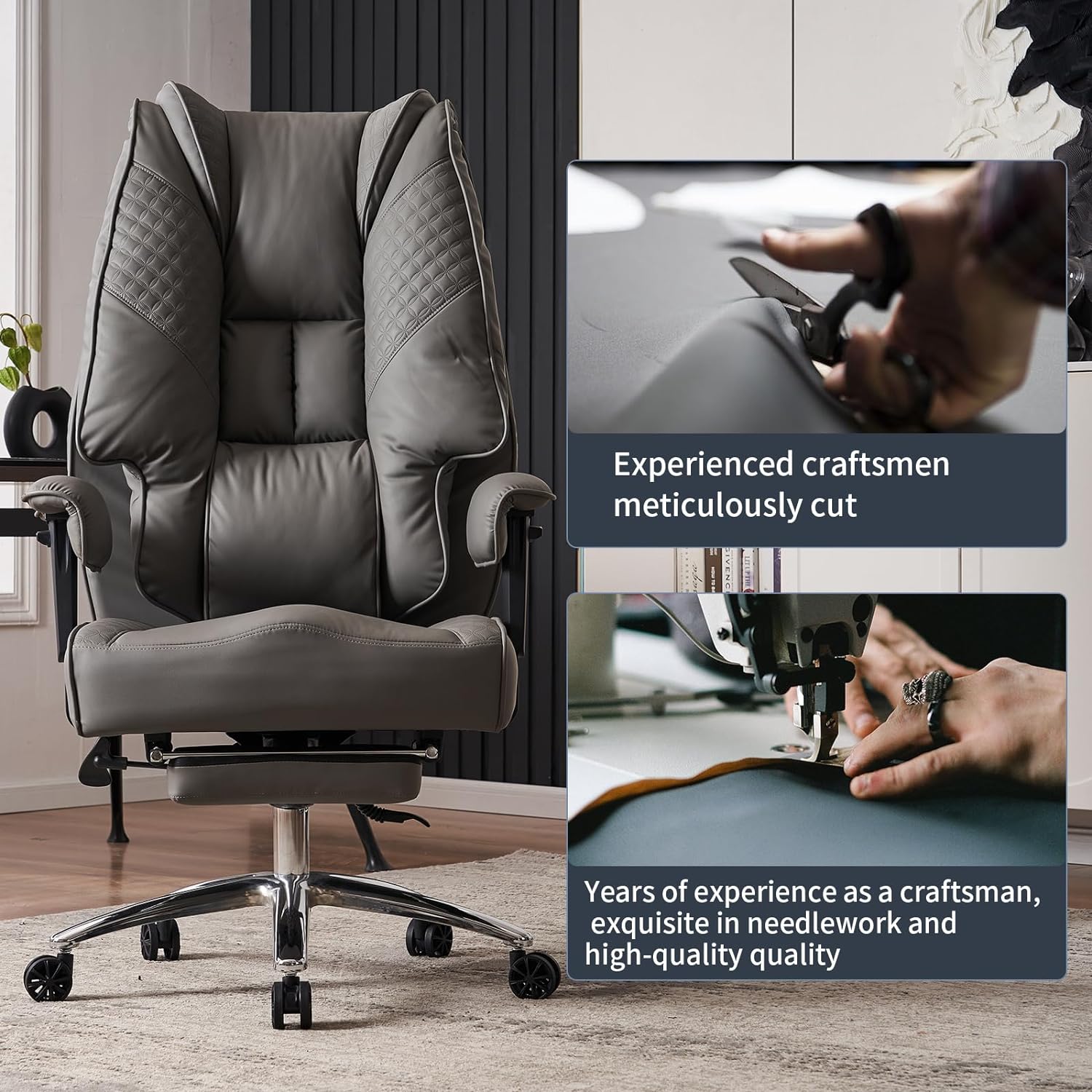 Hoher und breiter Bürostuhl für 181 kg, Chefsessel aus Leder mit hoher Rückenlehne und Fußstütze, ergonomischer Stuhl mit Lendenwirbelstütze zur Linderung von Rückenschmerzen (Beige)