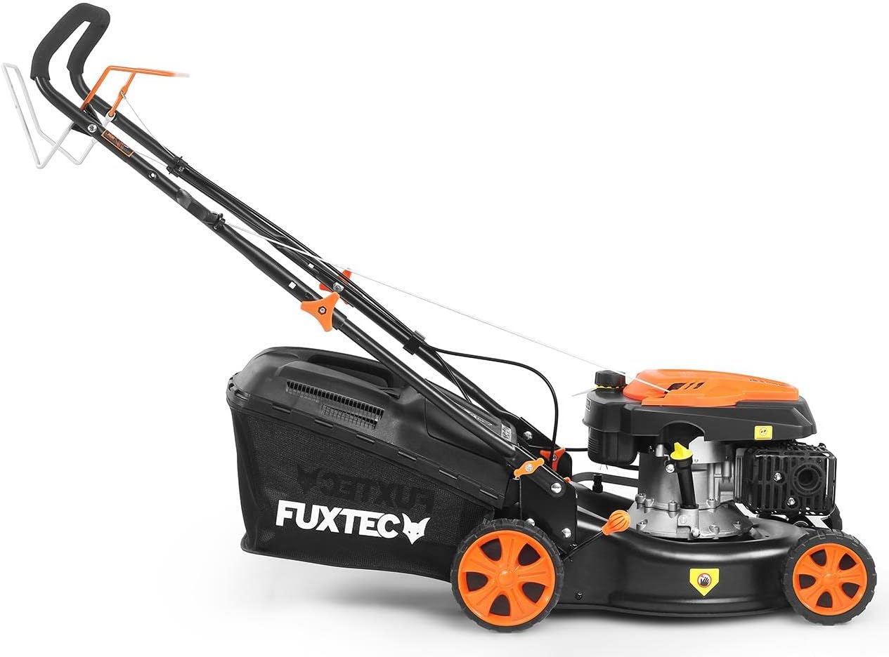 Tondeuse à gazon à essence FUXTEC FX-RM4646ECO, largeur de coupe de 46 cm, puissant moteur à essence de 146 cm³, nettoyage facile, 3 en 1, 2,6 kW, bac de ramassage mulching de 50 l.