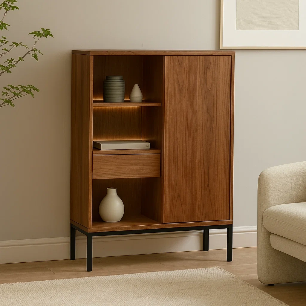 Vitrine avec porte opaque et étagères ouvertes, panneau MDF et structure métallique, coloris bois naturel, autoportante, pour salon ou bureau, 80 x 35 x 110 cm - 76ftaMkOgL1k