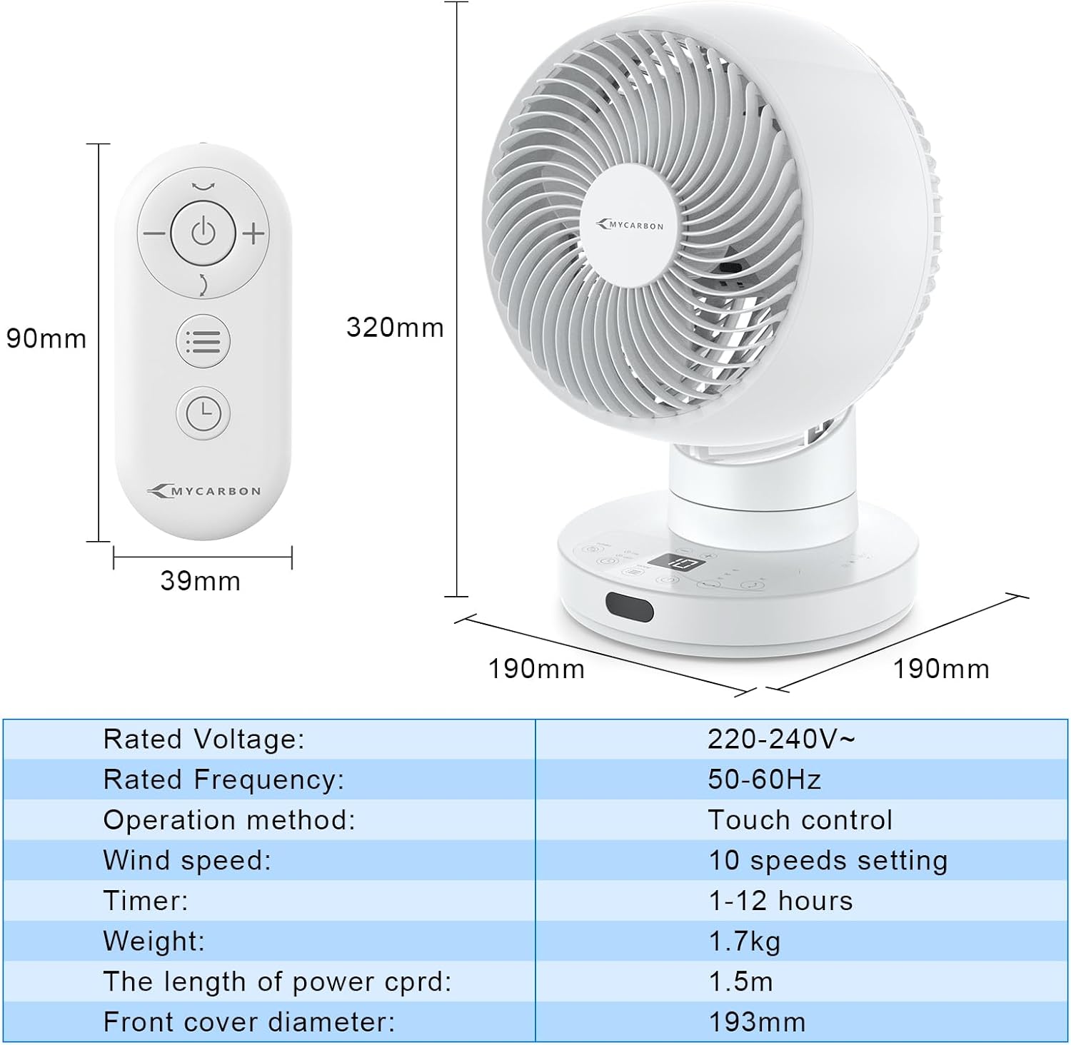 Ventilateur de table silencieux MYCARBON Turbo 20 dB, moteur CC puissant, oscillation 30°-60°-90°, 11 vitesses, minuterie 12 h et démarrage programmé, avec télécommande