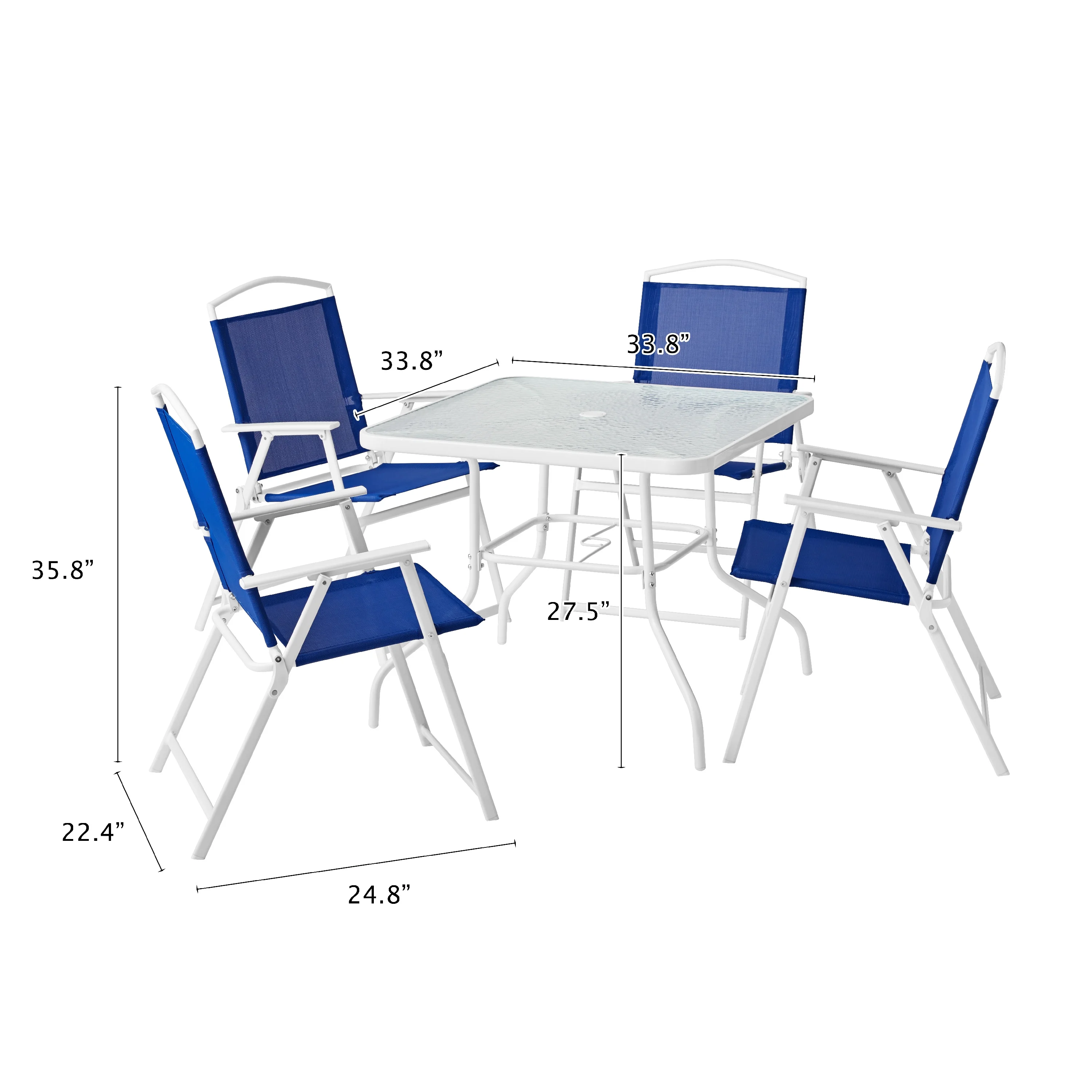 2025 Mainstays Albany Lane udendørs spisebordssæt med 5 dele. Hvidt stålstel og blåt stof.