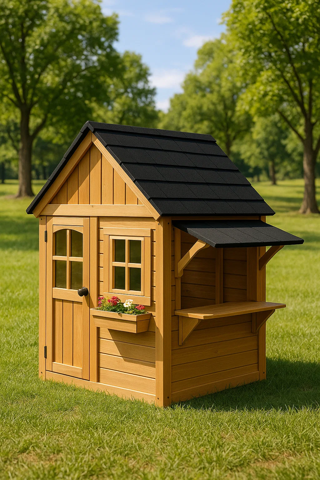 Maisonnette pour enfants en bois naturel avec toit noir et comptoir de jardin 135×110×150 cm GuCyPvI132OT