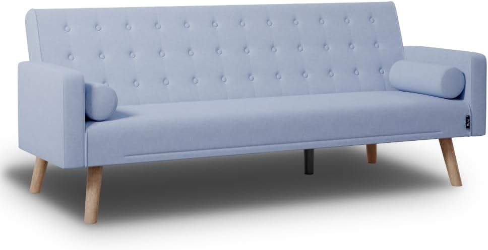 Nalui – 3-Sitzer-Schlafsofa, gepolstert, 203 x 82 x 78 cm, One Dots, mit 2 Kissen und Klick-Klack-Öffnungsmechanismus mit mehreren Liegepositionen. Chaiselongue-Schlafsofa mit Holzbeinen, umwandelbar in ein Doppelbett | Beige