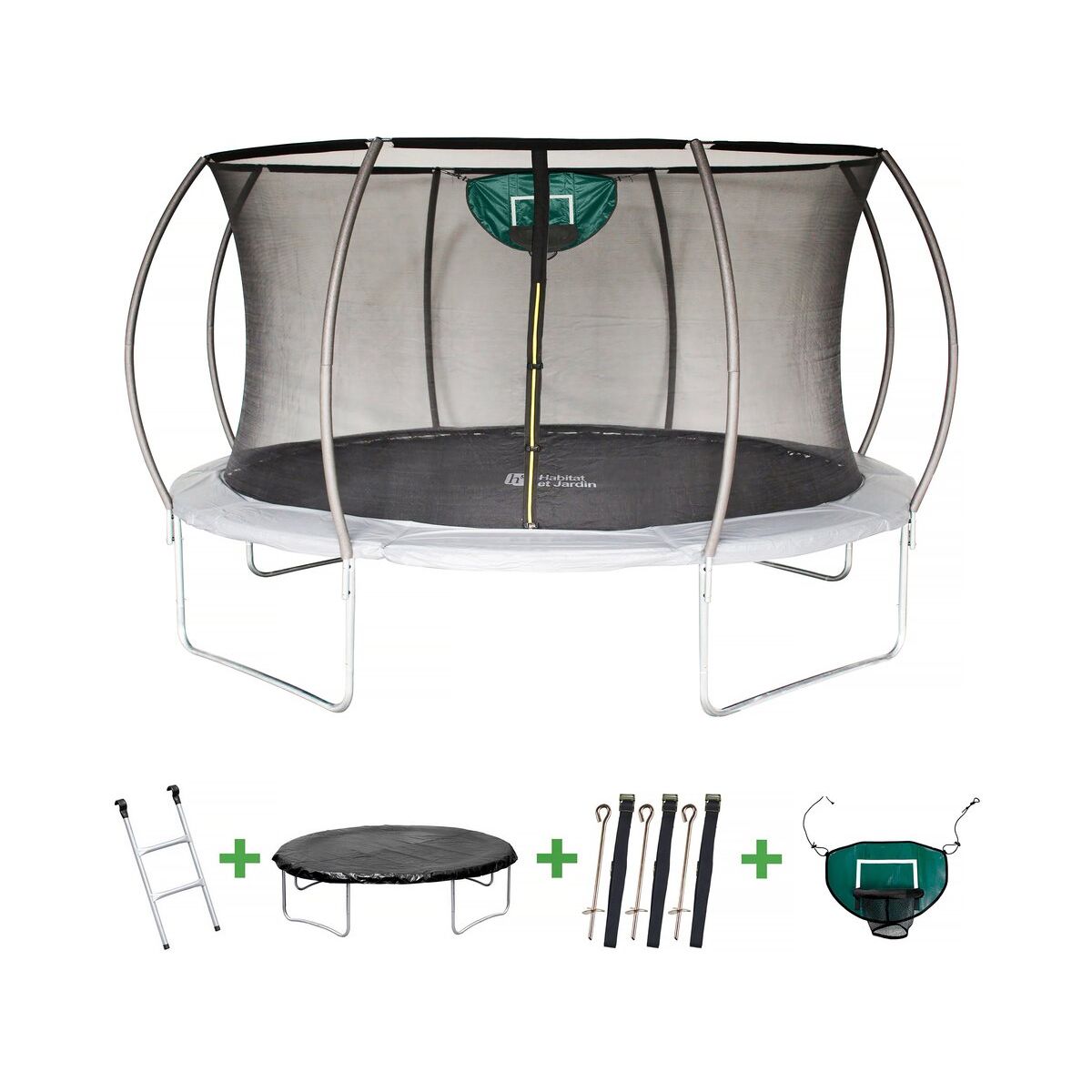 Trampolin mit Innennetz und Basketballkorb „Jumper“ Ø 4,25 m – Grau