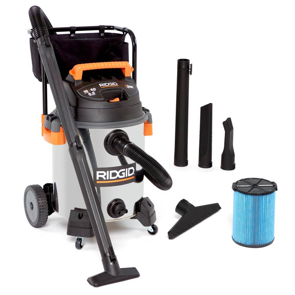 Aspirateur eau et poussière NXT 2025, 16 gallons (60 litres), 6,5 HP (puissance maximale), en acier inoxydable, avec filtre à poussière fine, tuyau verrouillable et accessoires WD1956