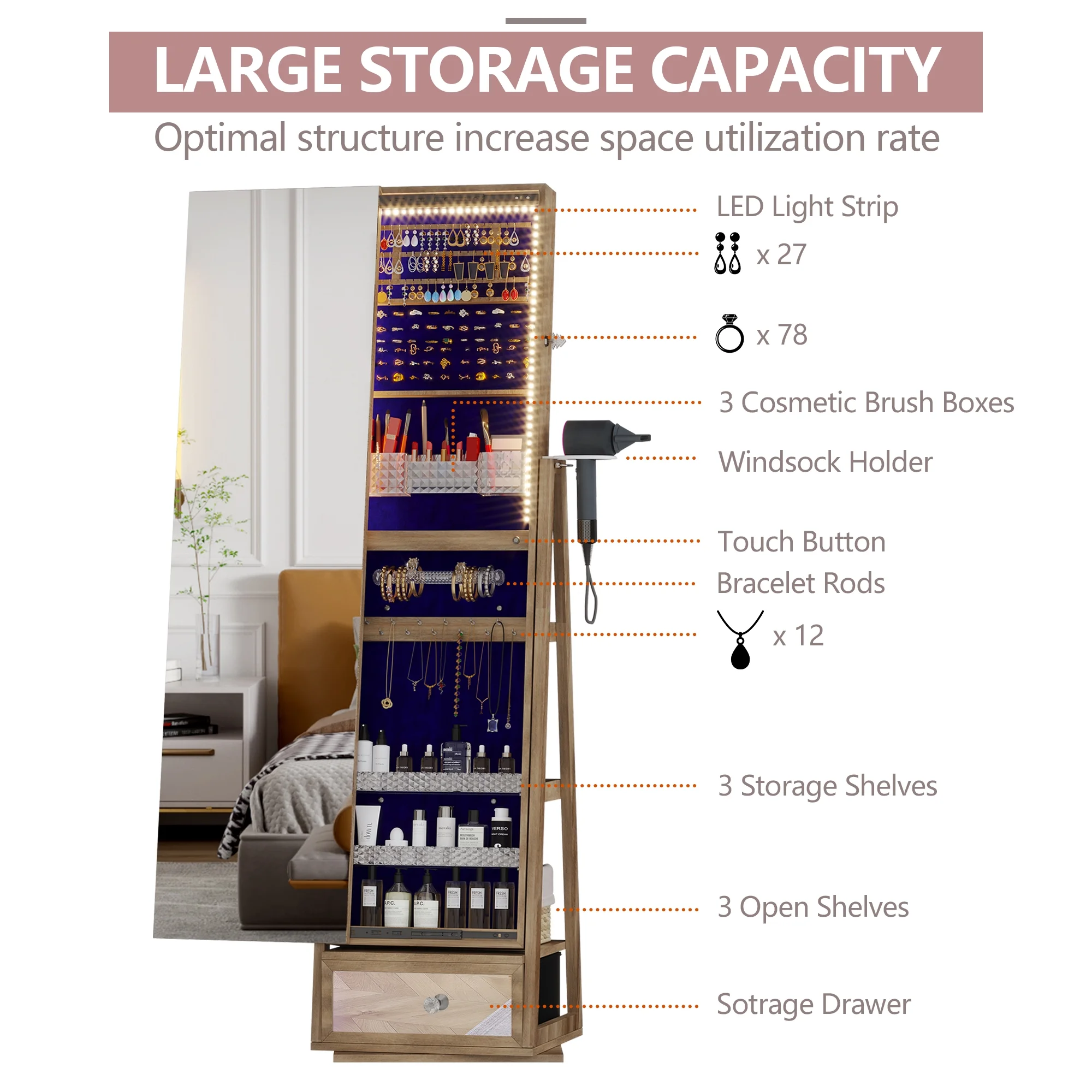 360° roterende smykkeskrin med spejl, LED-lys og lås – brun