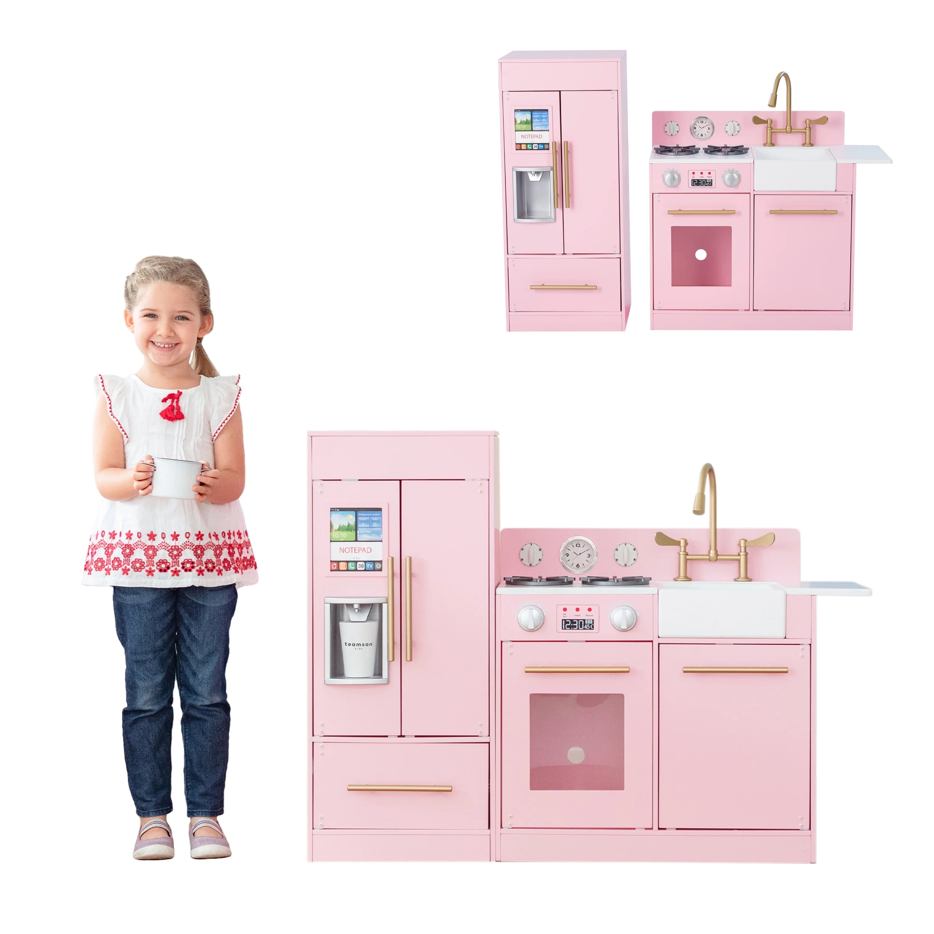 2025 Little Chef Charlotte Moderne børnelegekøkken med separat køleskab, køkkenmøbel og interaktive funktioner. Lyserød
