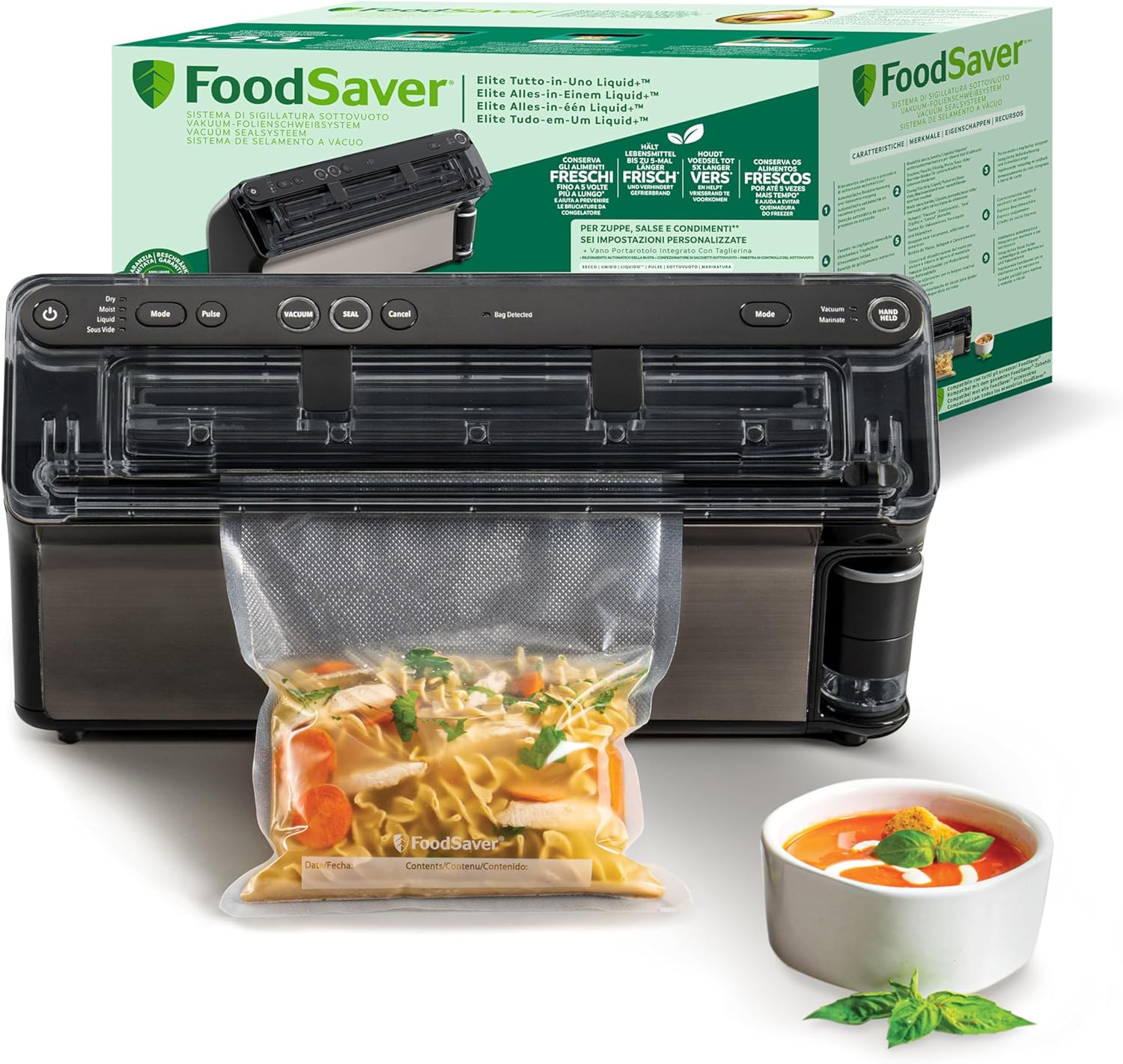 FoodSaver Elite All-in-One Vakuumiergerät für Flüssigkeiten und mehr | Lebensmittel bis zu 5x frischer* | Flüssigkeitsvakuumierung | 1 Rolle (28 x 244 cm) und 4 Vakuumbeutel (3,78 l & 3,78 l)