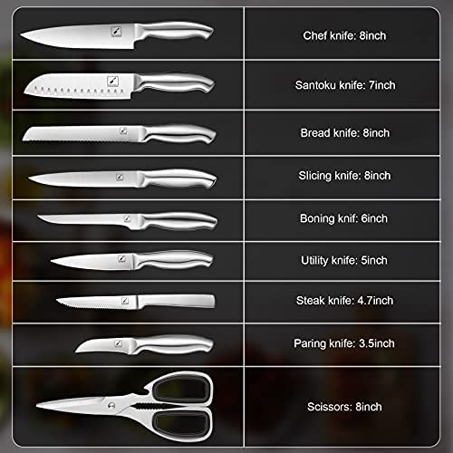 Køkkenknivsæt med blok, imarku 15 stykker tysk højkulstofstål, knivsæt med indbygget sliber, sølvfarvet