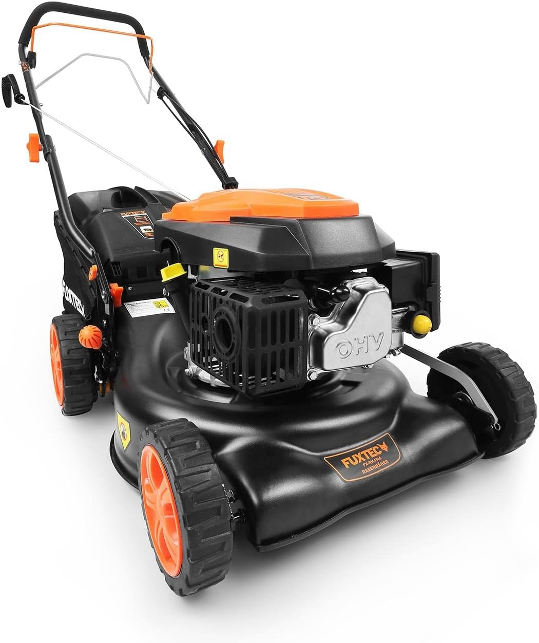 Tondeuse à gazon à essence FUXTEC FX-RM4646ECO, largeur de coupe de 46 cm, puissant moteur à essence de 146 cm³, nettoyage facile, 3 en 1, 2,6 kW, bac de ramassage mulching de 50 l.