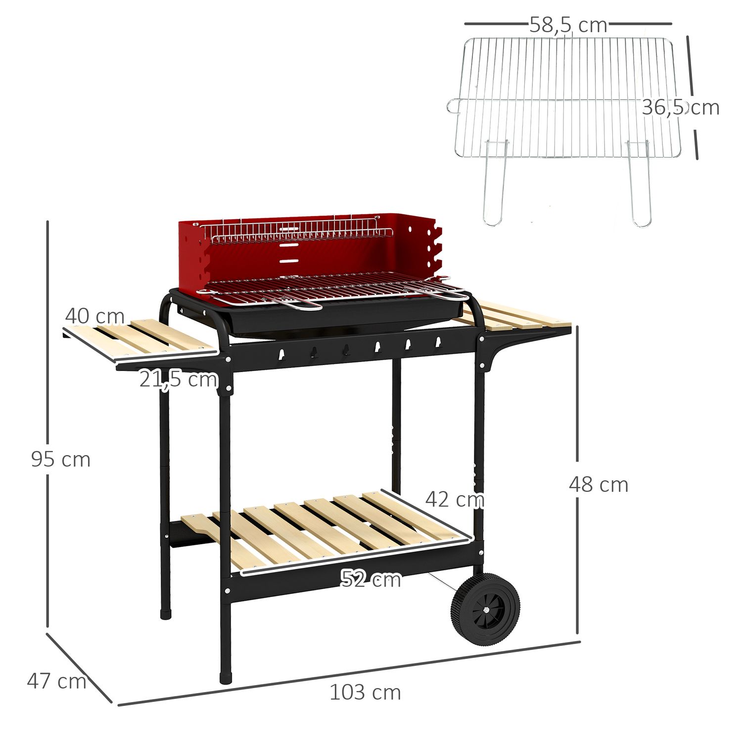 Outsunny Holzkohlegrill, Metall Kiefer, 103x47x95 cm, Rot und Schwarz