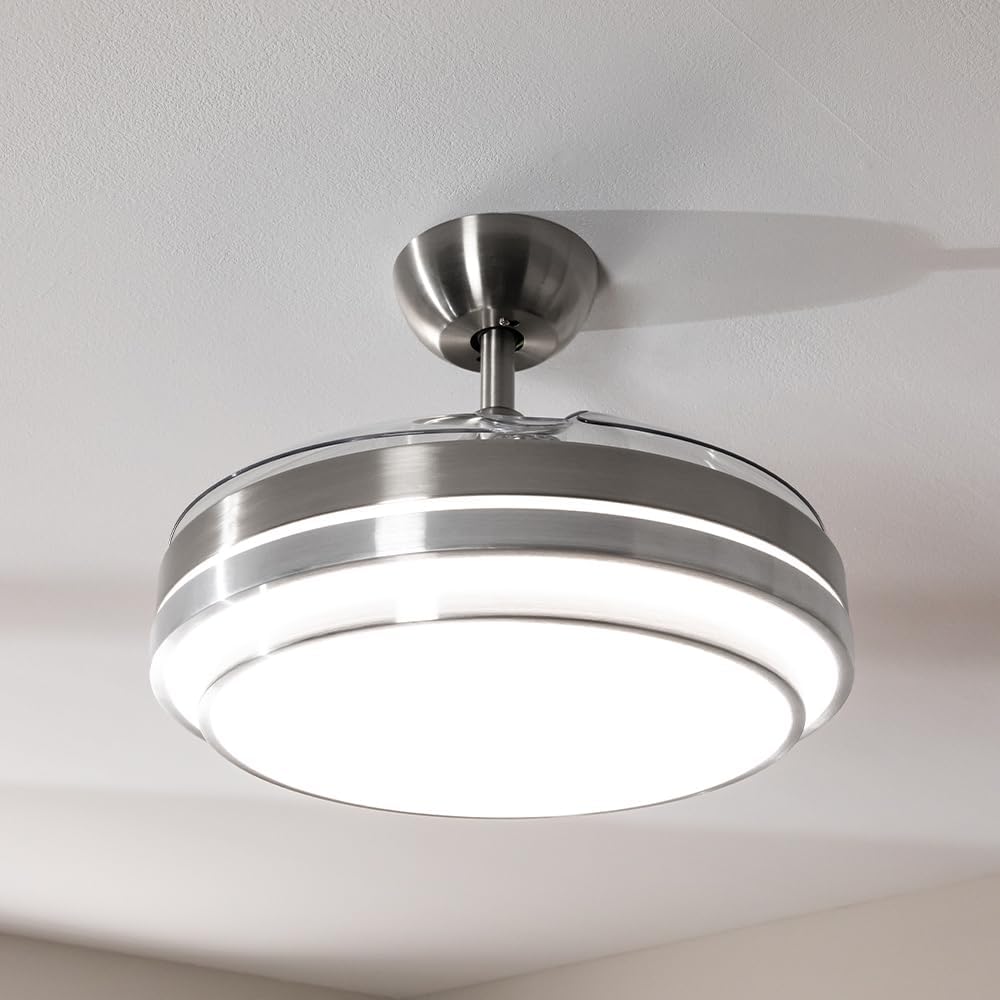 Ventilateur de plafond Cecotec à pales rétractables et lampe invisible EnergySilence Aero 4280 en acier, 40 W, diamètre 42 pouces (106 cm), minuterie, 3 tons lumineux, fonction été-hiver
