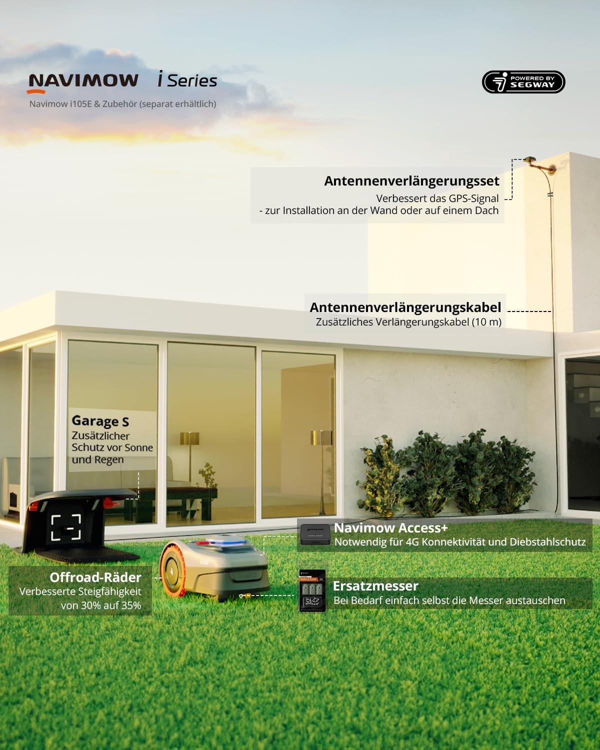 Navimow i105E Mähroboter (Modelljahr 2025) ohne Begrenzungskabel. Empfohlen für 500 m², maximal 600 m². Testsieger mit RTK+Vision-Technologie. Igelschutz. Automatische KI-Kartierung. Virtuelle Begrenzung. Mehrere Zonen.