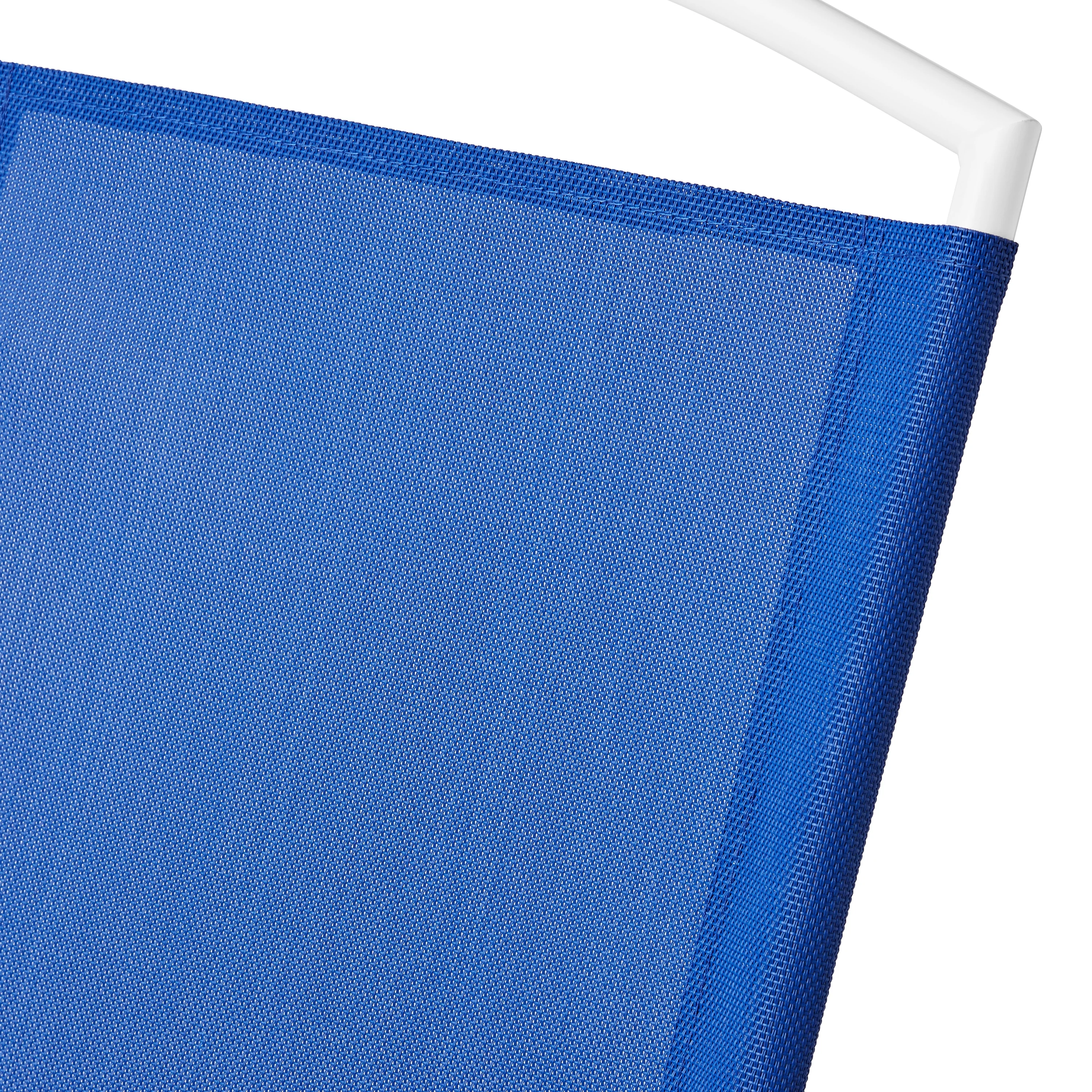 2025 Mainstays Albany Lane udendørs spisebordssæt med 5 dele. Hvidt stålstel og blåt stof.