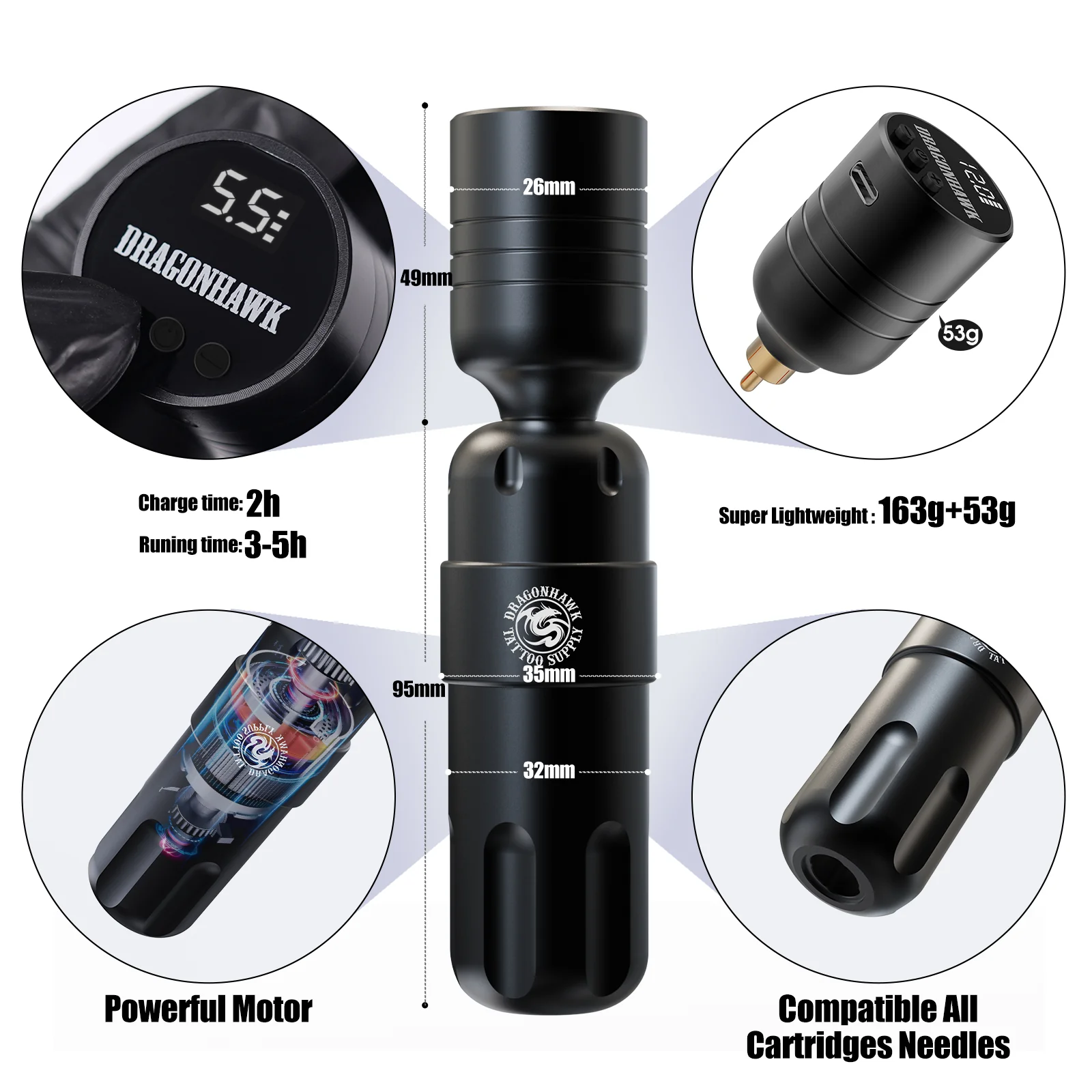 Dragonhawk S8 trådløs tatoveringsmaskinesæt med 3,5 mm slaglængde