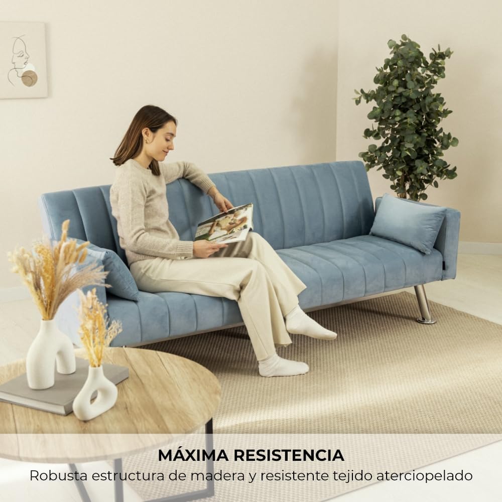 Nalui – Gepolstertes 3-Sitzer-Schlafsofa 210 x 80 x 79 cm, einlagig, 2 Kissen, Klick-Klack-Öffnungsmechanismus mit verstellbarer Rückenlehne. Samt-Chaiselongue-Schlafsofa, umwandelbar in ein Doppelbett | Beige