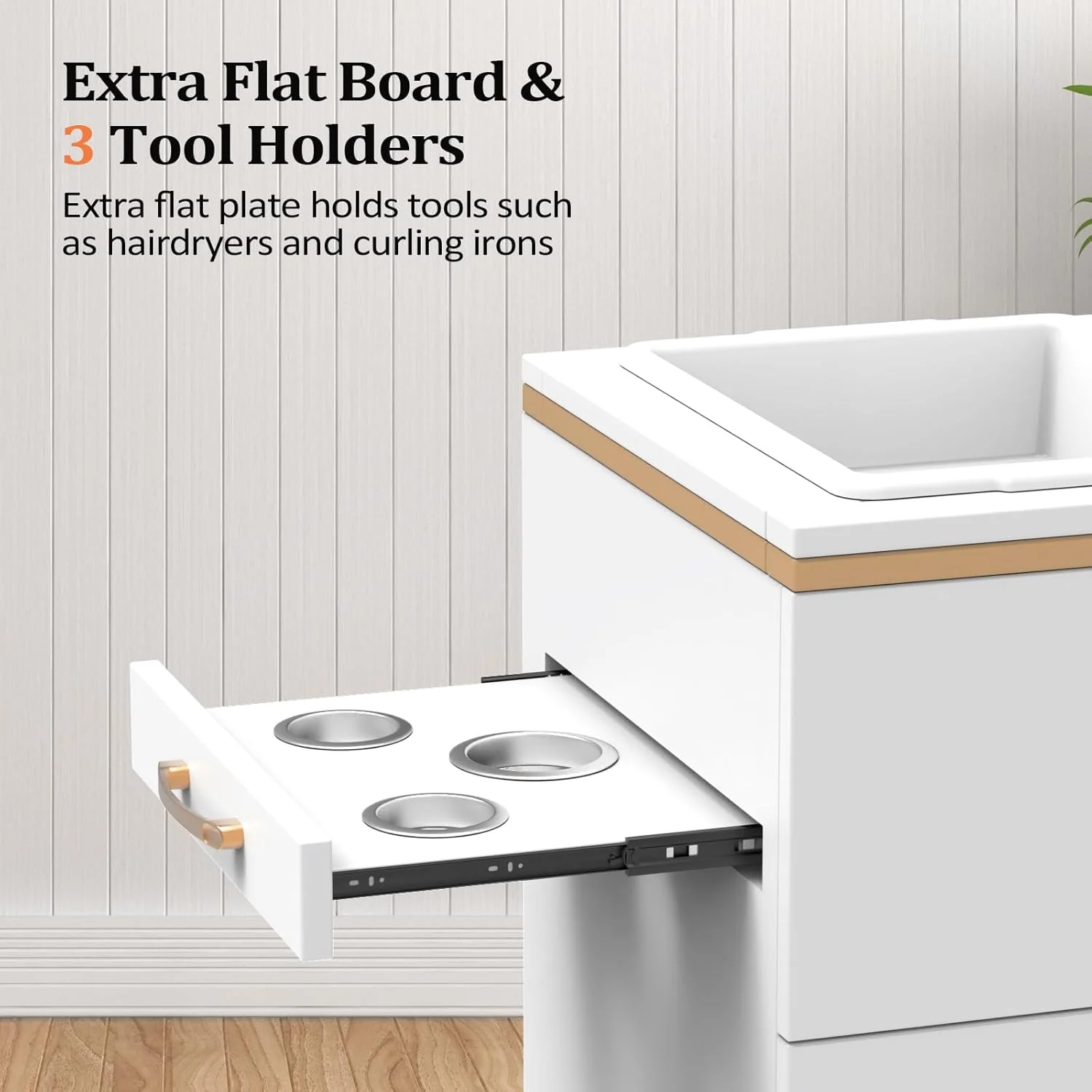 OmySalon Salon Opbevaringsstation – Frisørskab med 3 skuffer, opbevaringsrum og 3 hårtørrerholdere – Hvidguld