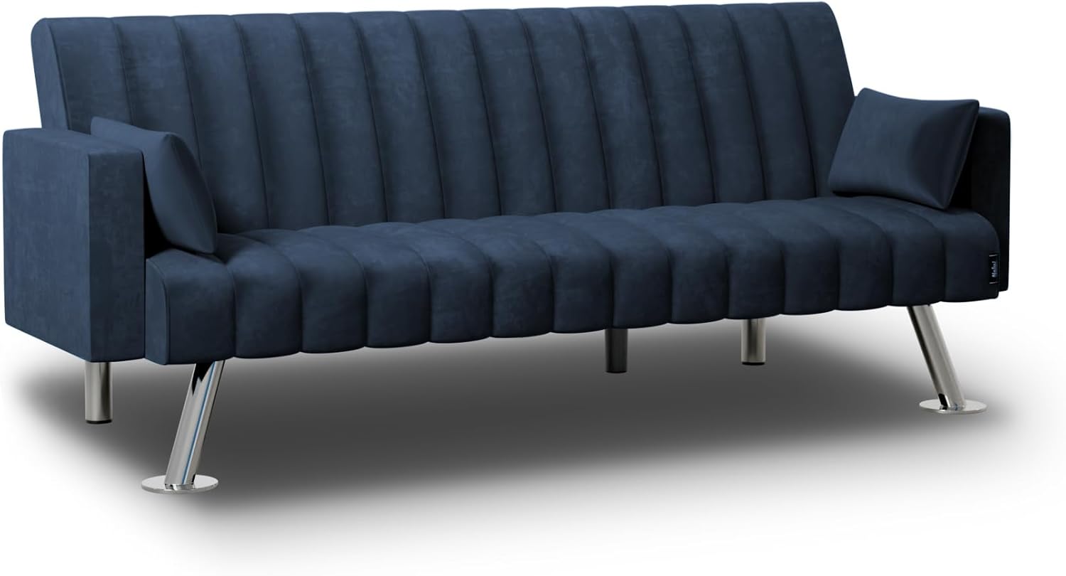 Nalui – Gepolstertes 3-Sitzer-Schlafsofa 210 x 80 x 79 cm, einlagig, 2 Kissen, Klick-Klack-Öffnungsmechanismus mit verstellbarer Rückenlehne. Samt-Chaiselongue-Schlafsofa, umwandelbar in ein Doppelbett | Beige