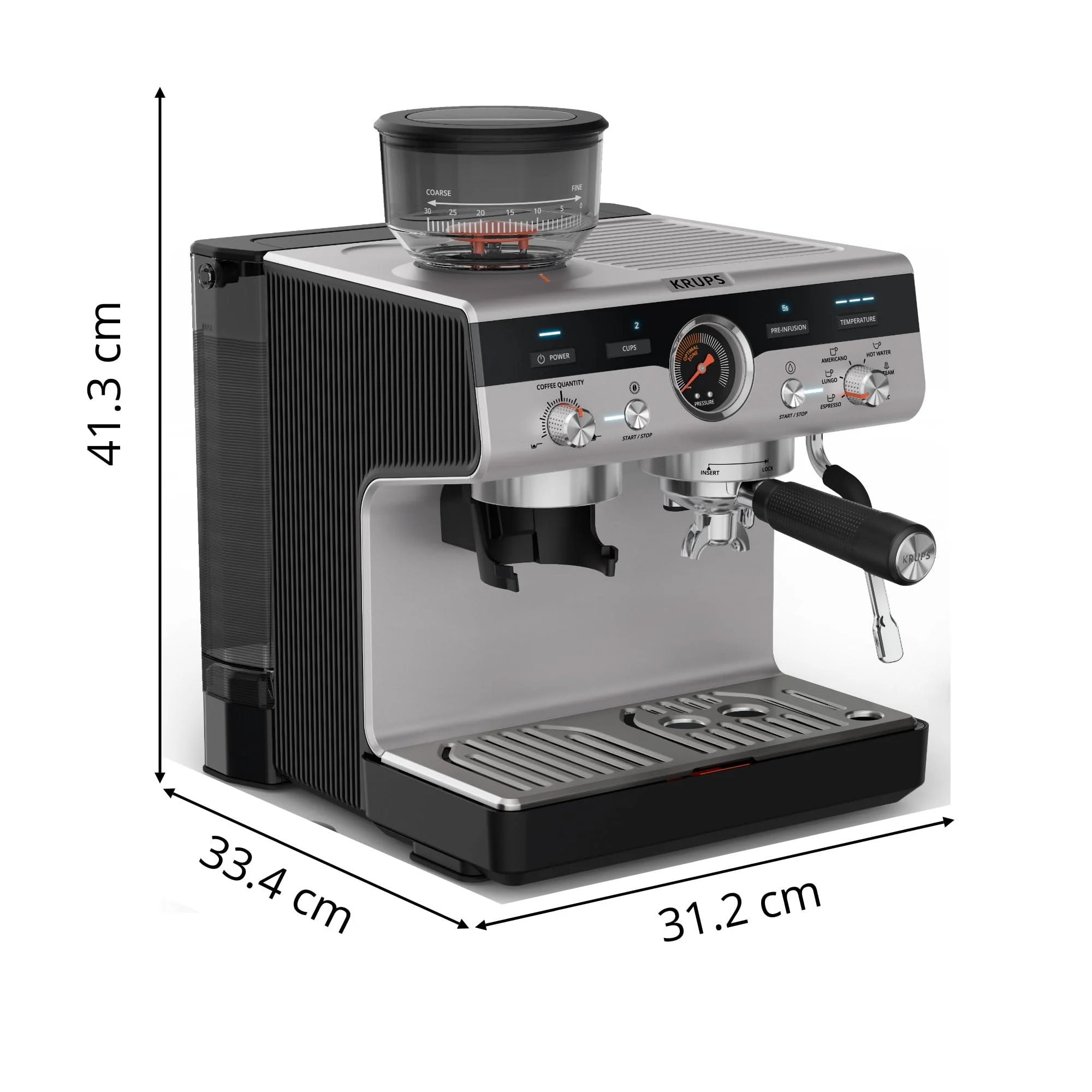 Machine à expresso Krups Virtuoso Essential - 15 bars. Acier inoxydable noir. Design compact et élégant. Arrêt automatique. Expresso et cappuccino. Thermobloc. Buse vapeur. Doseur inclus. XP4418