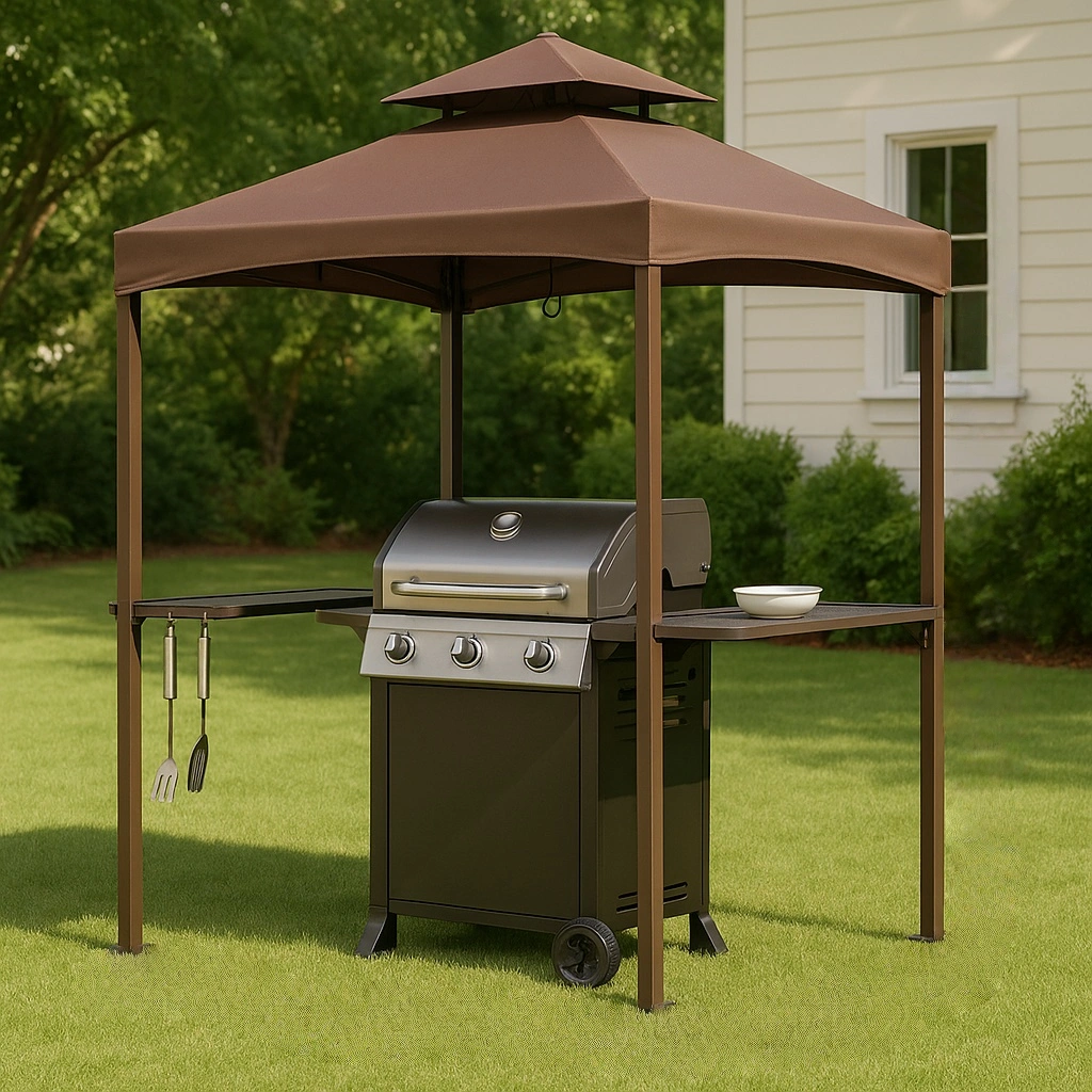 Gazebo de jardin avec barbecue, en acier marron et polyester, 240 x 150 x 245 cm