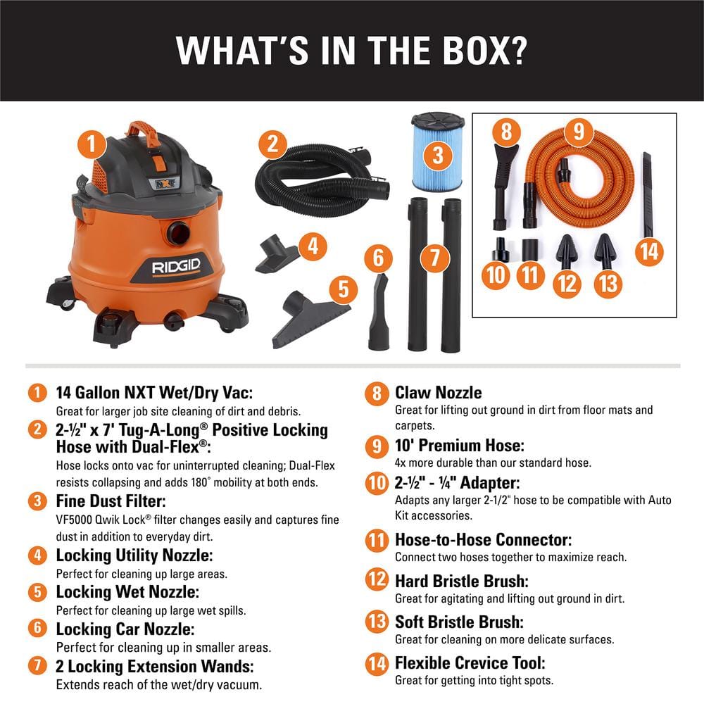 Aspirateur eau et poussière NXT 2025 14 gal / 6,0 HP (puissance maximale) avec kit voiture haut de gamme – RIDGID HD1401