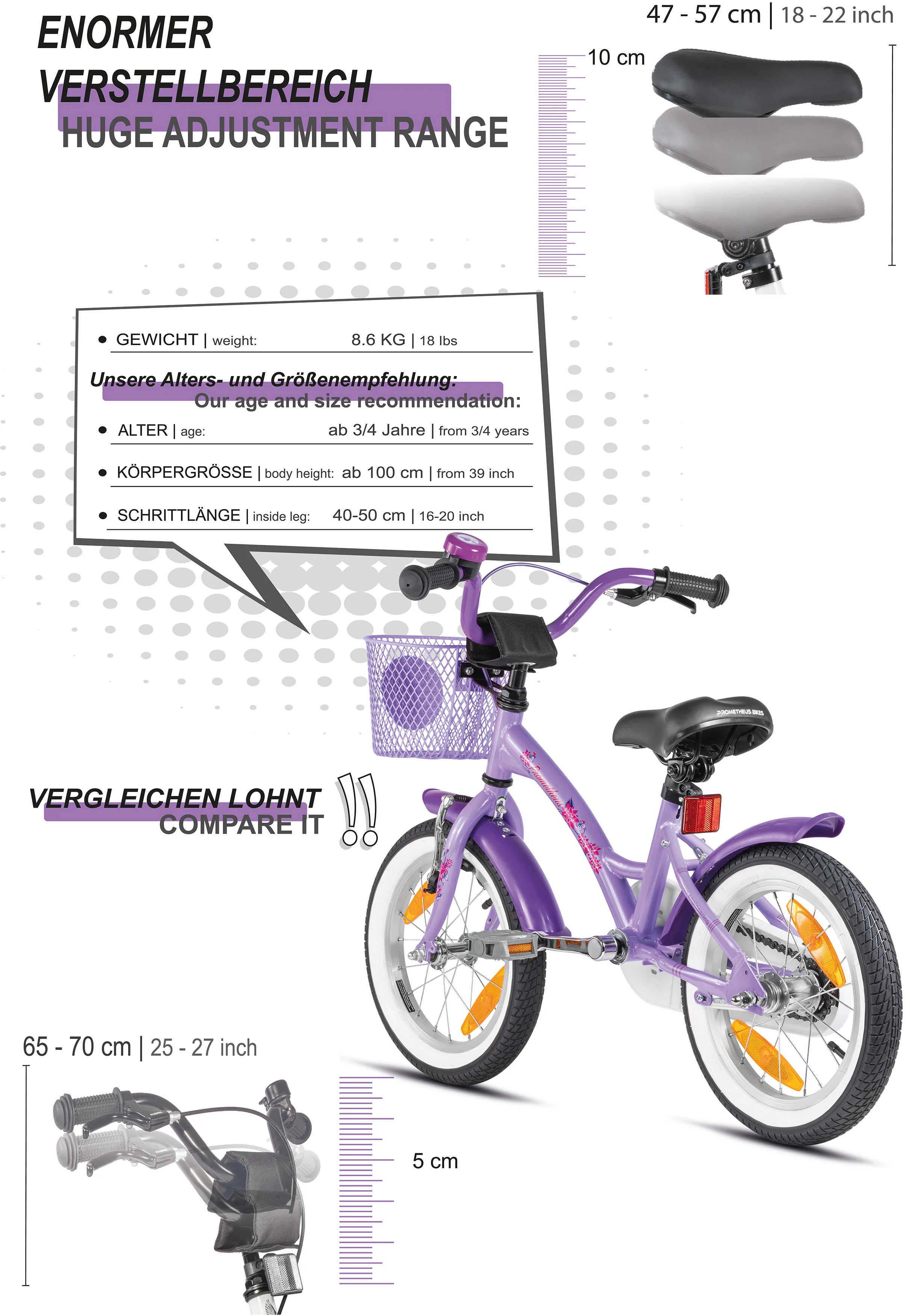 2025 Kinderfahrrad, 14 Zoll, mit Stützrädern. Violett und Weiß. Alter: 3–4 Jahre