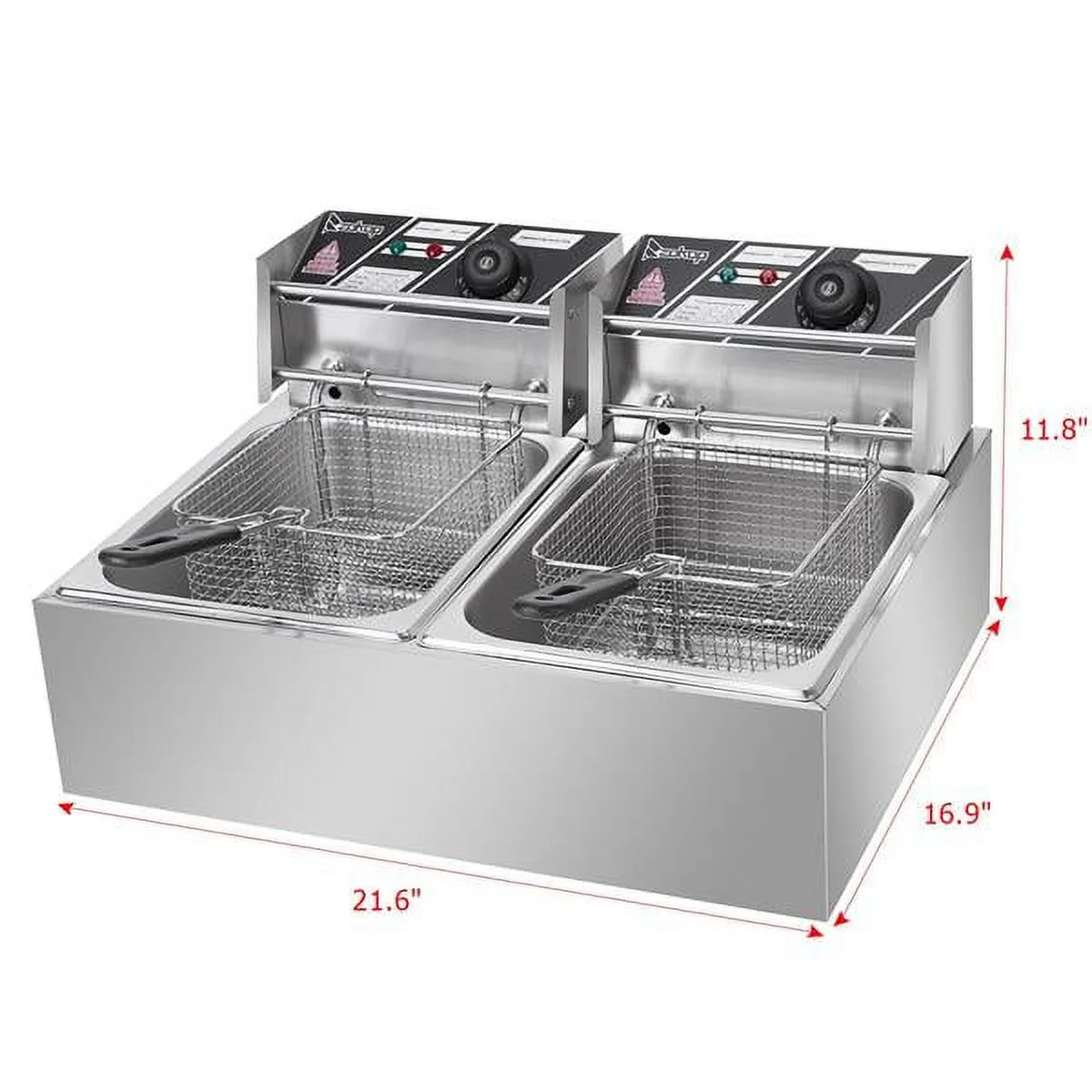 Friteuse électrique de comptoir avec double cuve en acier inoxydable - Grande capacité - Appareil de comptoir - Friteuse industrielle avec grande cuve pour frites (12,7 pintes/12 L. 5000 W)