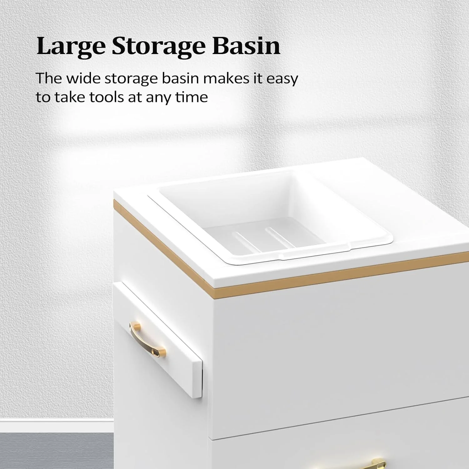 OmySalon Salon Opbevaringsstation – Frisørskab med 3 skuffer, opbevaringsrum og 3 hårtørrerholdere – Hvidguld