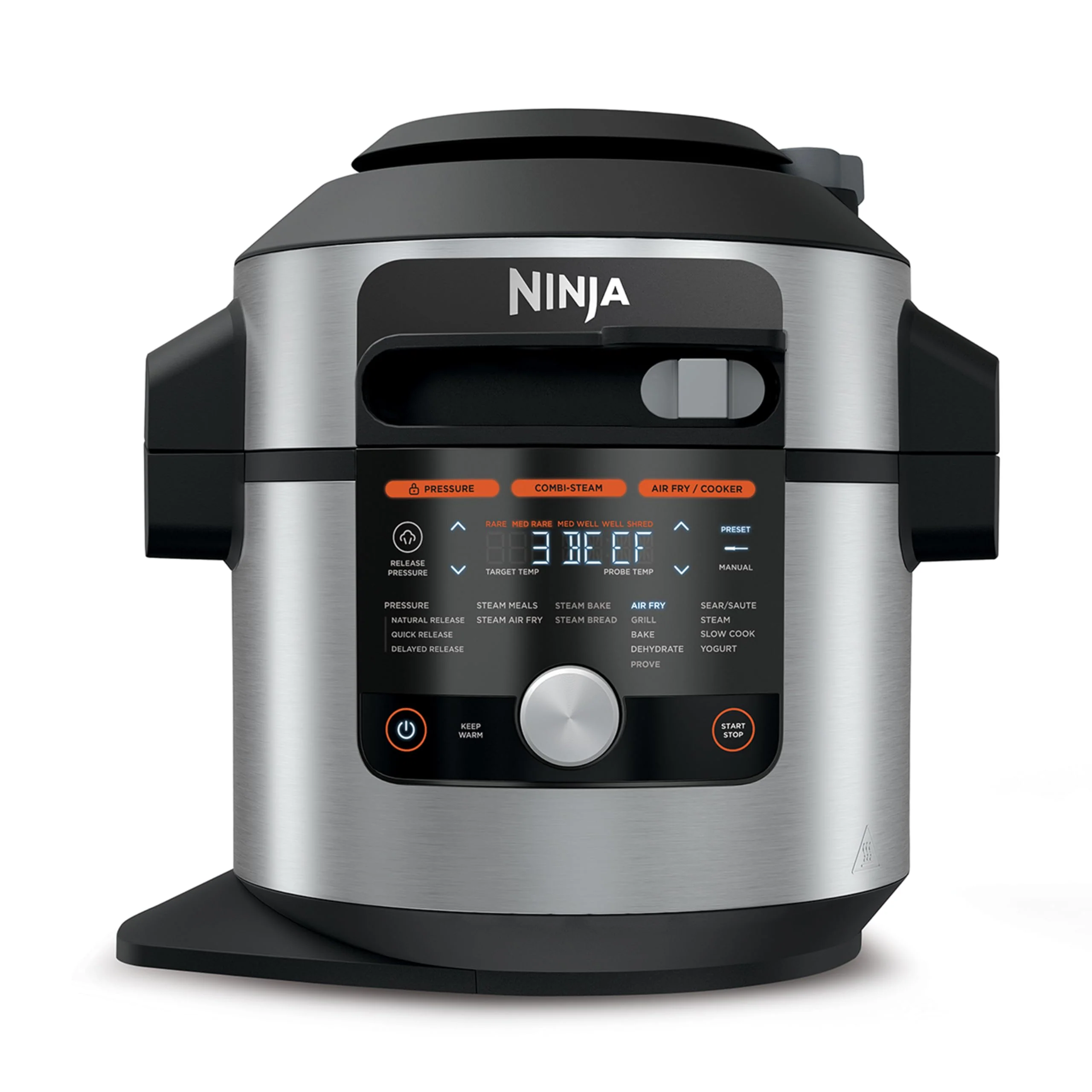 2025 Ninja Foodi MAX multifunktionskomfur med smart låg. 7,5 l. 14-i-1 multifunktionskomfur. Trykkoger. Airfryer. Slowcooker. Digital temperatursensor. Rustfrit stål. OL750EU