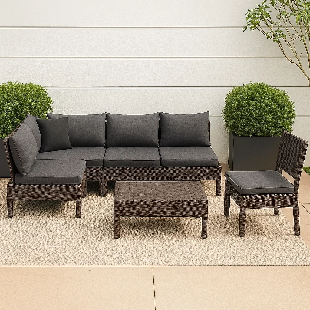 Salon de jardin 5 places en rotin marron et gris, modulable et résistant aux intempéries : canapé 180 x 80 x 70 cm, fauteuil 60 x 60 x 70 cm, table basse 80 x 40 x 35 cm - fN7f2TnfzHyS