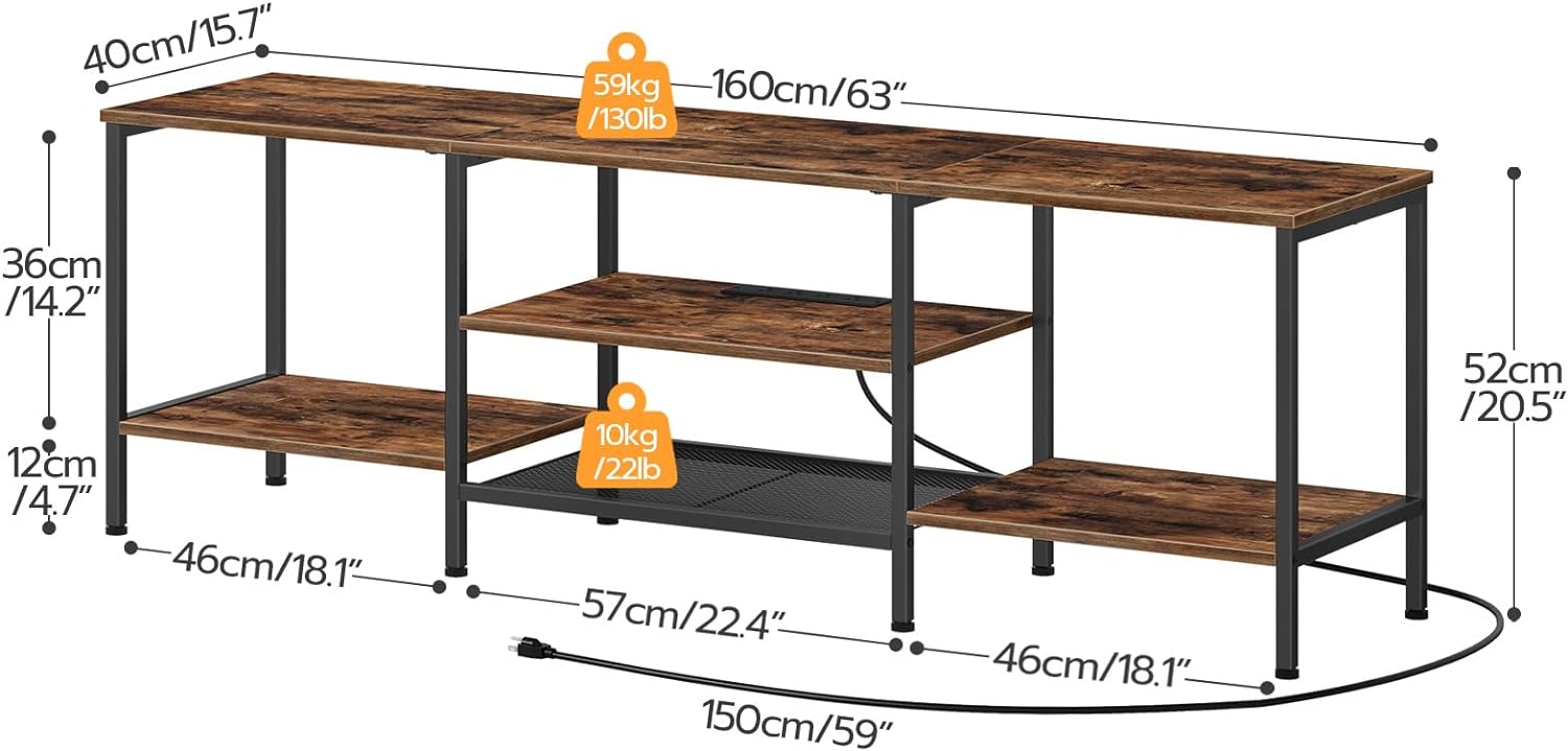 TV-Ständer mit integrierten Steckdosen für Fernseher bis zu 75 Zoll, Konsolentisch mit offenen Regalen, Entertainment-Center im Industrial-Stil für Wohn- oder Schlafzimmer, Rustikales Braun und Schwarz BF60DS01