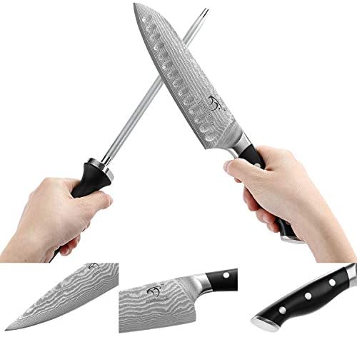 Damast-Küchenmesserset, 9-teilig mit Block, ergonomischem ABS-Griff für Kochmesser, Messerschärfer und Küchenschere, Block aus Buchenholz