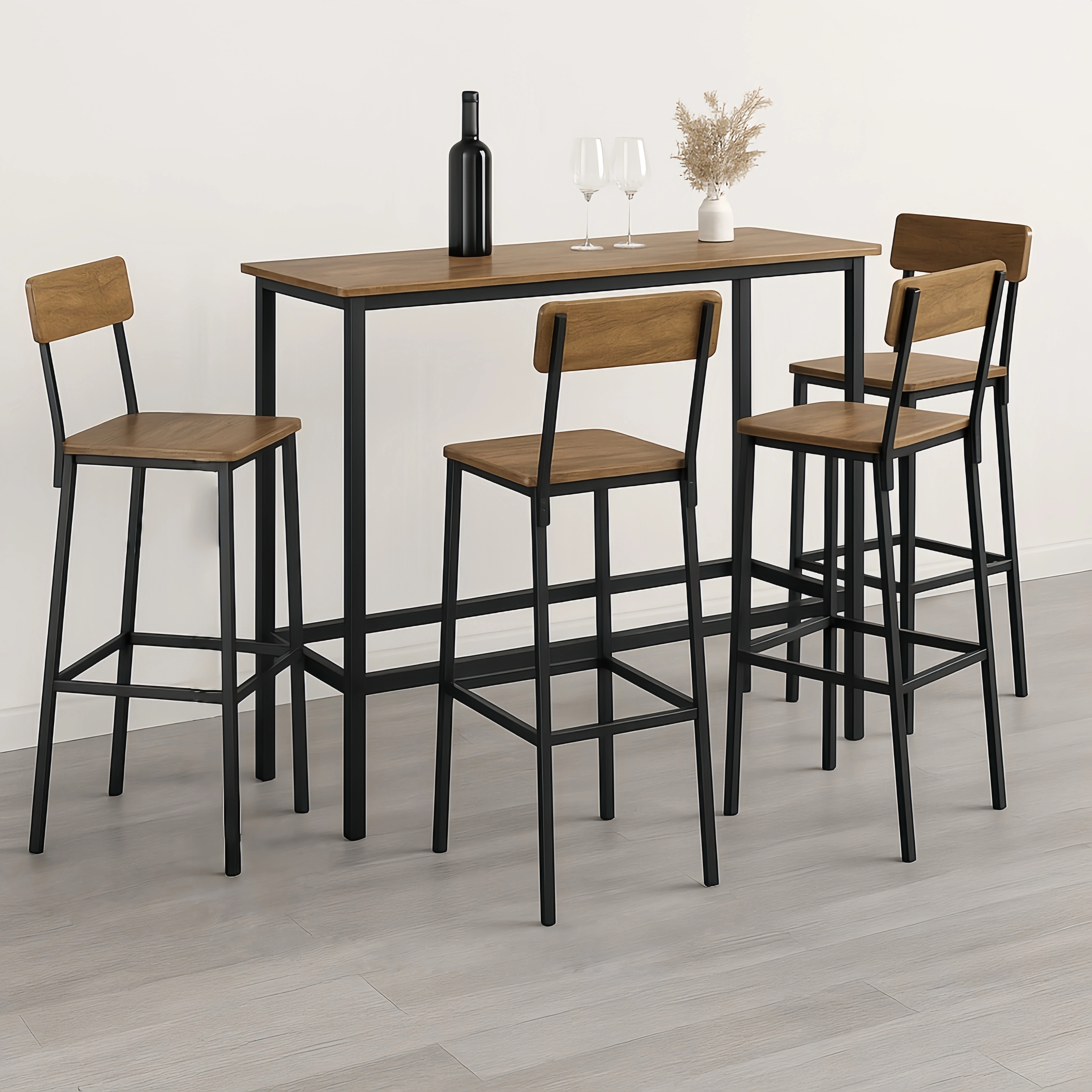 Ensemble bar, table et tabourets, bois/métal marron/noir, intérieur