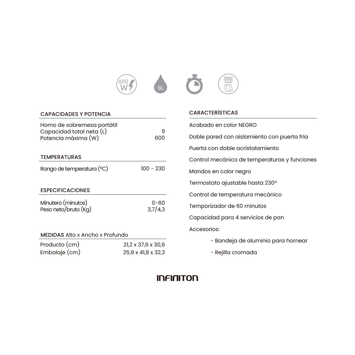 Infiniton HSM-A9N – Tischbackofen, Schwarz, 9 l, 600 W, Doppelverglasung, Temperaturregelung, 60-Minuten-Timer.