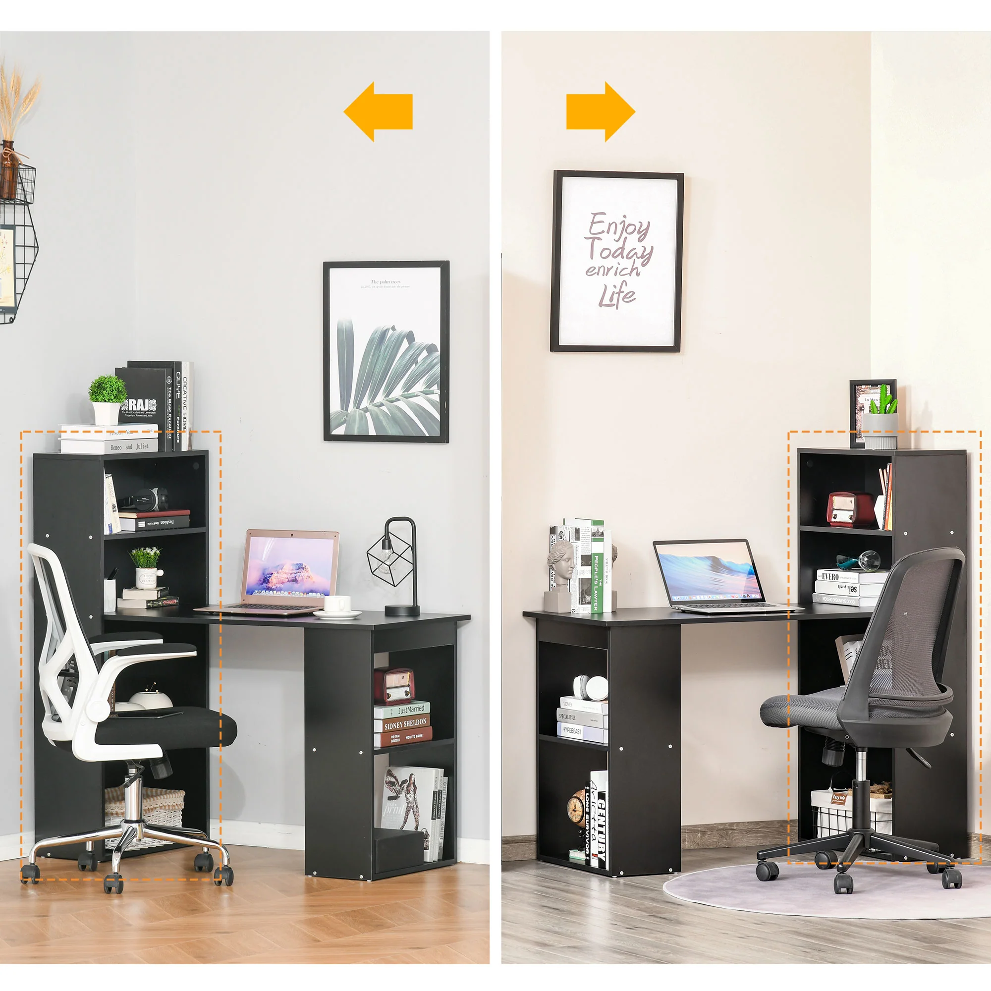 Moderner 120 cm Computertisch mit Bücherregal. Schreibtisch und Arbeitsplatz mit 6 Ablagen. Schwarz.