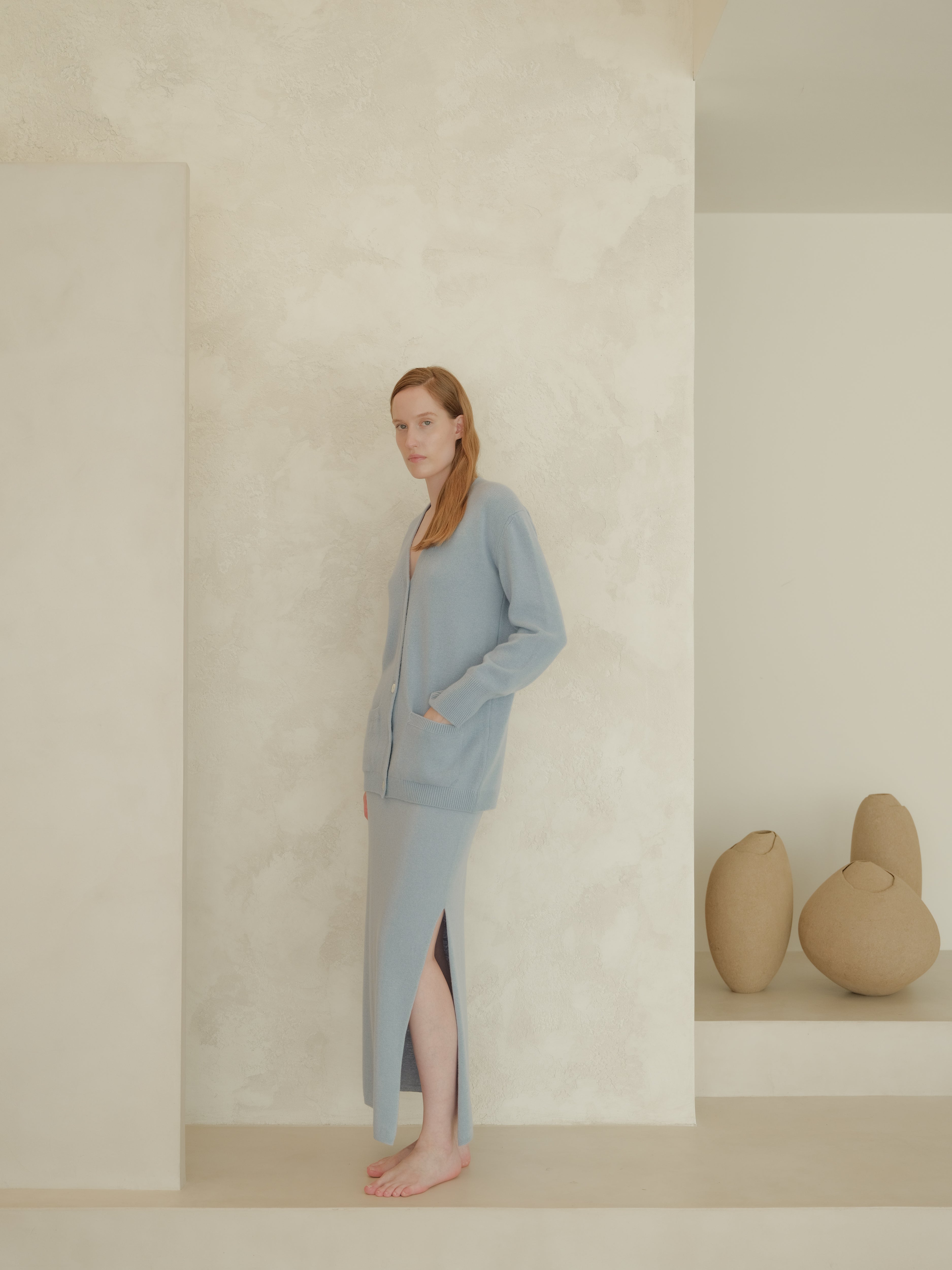 Cashmere Blend High-Waist Long Skirt With Side Slit (3D-Knit)