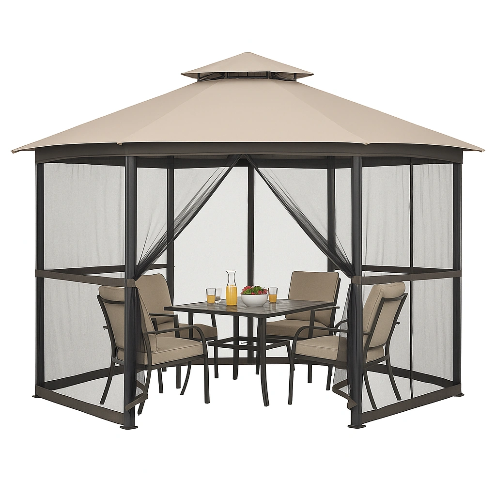 Pergola carrée avec moustiquaire beige, structure en acier, pour jardin extérieur, 300 cm de long x 300 cm de large x 250 cm de haut