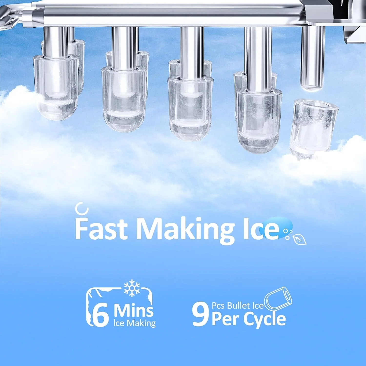 Eiswürfelbereiter 2025 für die Arbeitsplatte. Kaubare Eiswürfel. 15 kg/24 h. Selbstreinigend. Schalleis. Ein-Knopf-Bedienung. Für Küche oder Büro. Edelstahl, silberfarben.