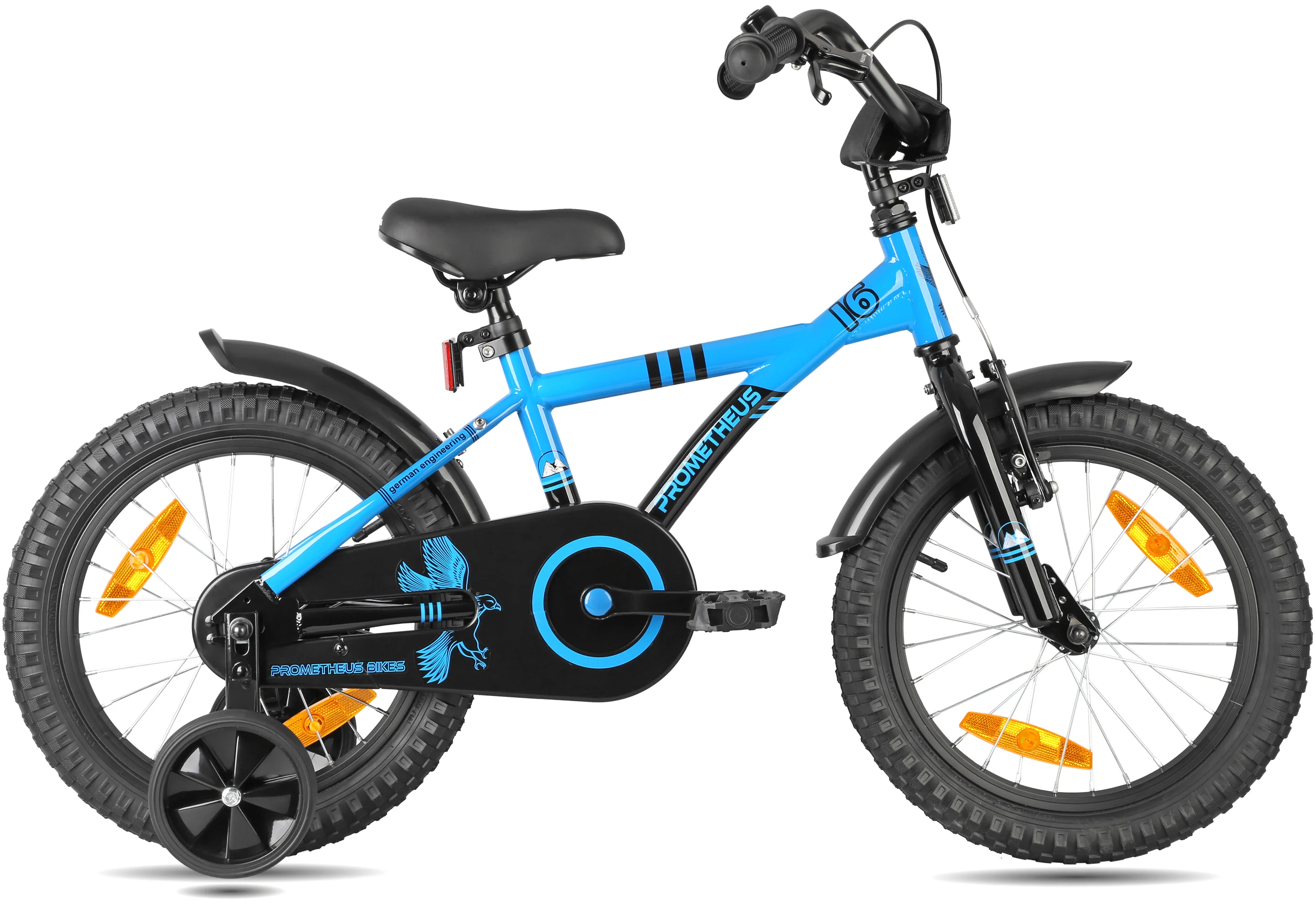 Vélo enfant 2025 de 16 pouces avec stabilisateurs amovibles. Pour les enfants de 4 à 5 ans. Bleu et noir.