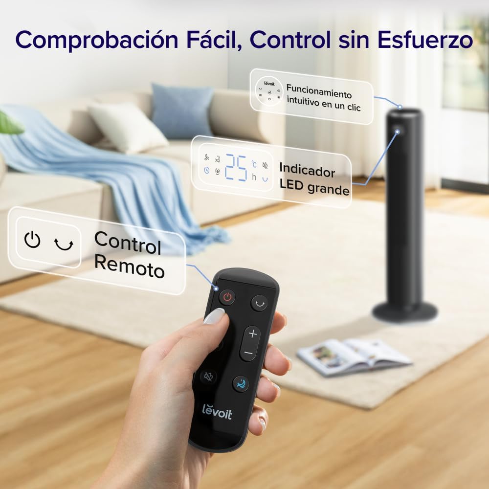 Ventilateur tour LEVOIT 20 dB avec télécommande, moteur CC 7,9 m/s, ventilateur silencieux 26 W avec mode veille, 4 modes et 12 vitesses, minuterie 12 h, affichage LED, oscillation à 90°, blanc